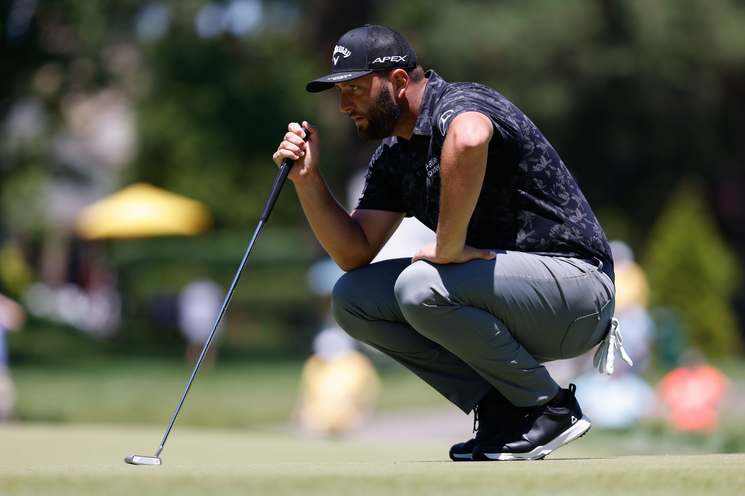 DUBLIN, OH - JUNE 04:  Jon Rahm lines up a putt on the par 5, 592 yard 7th hole during Round 3 of the Memorial Tournament presented by Workday on June 4, 2022 at Muirfield Village Golf Club in Dublin, Ohio.  (Photo by Graham Stokes/Icon Sportswire via Getty Images)