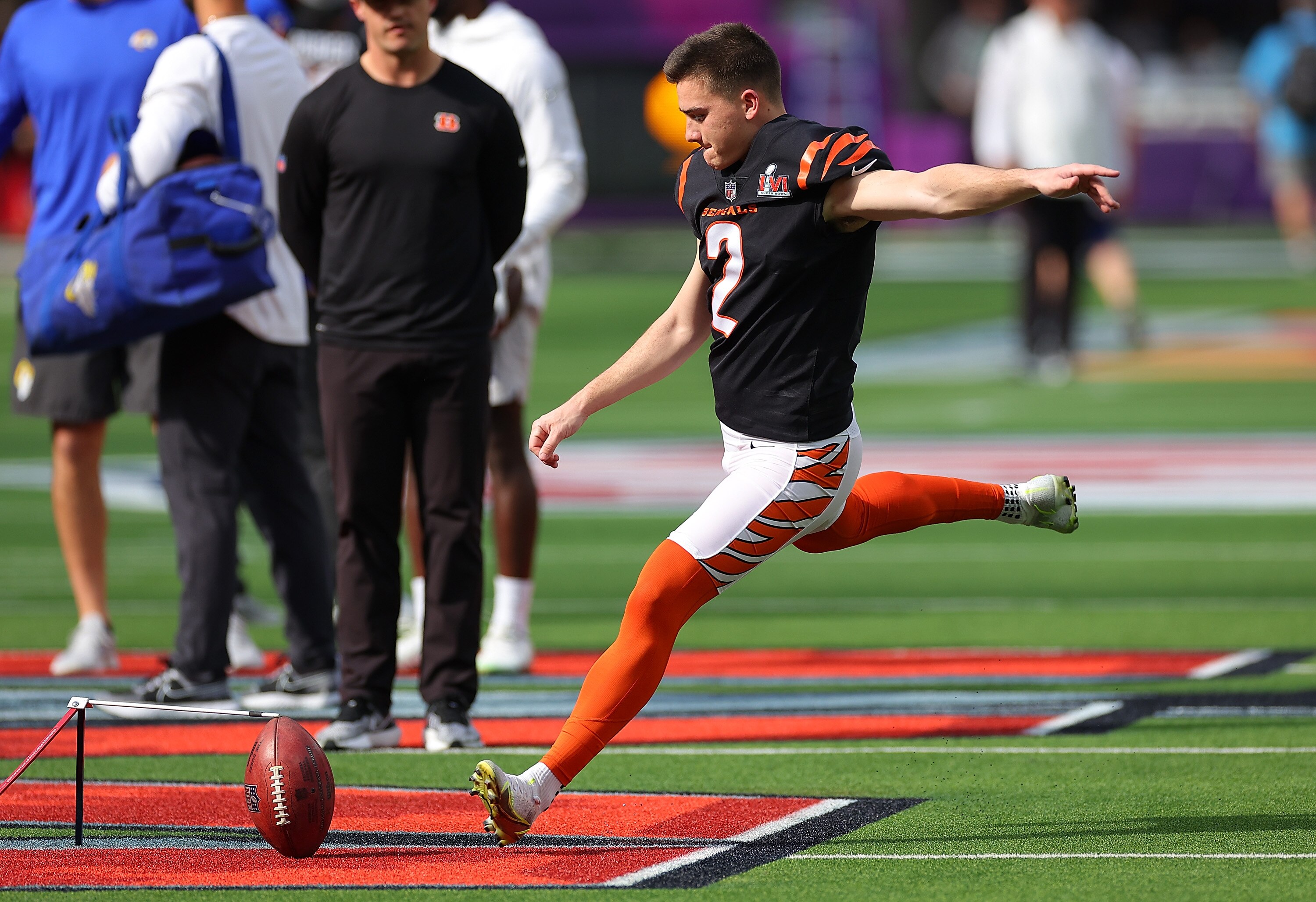 INGLEWOOD, CALIFORNIA - FEBRUARY 13: Evan McPherson #2 of the Cincinnati Bengals warms up before Super Bowl LVI against the Los Angeles Rams at SoFi Stadium on February 13, 2022 in Inglewood, California. (Photo by Kevin C. Cox/Getty Images)