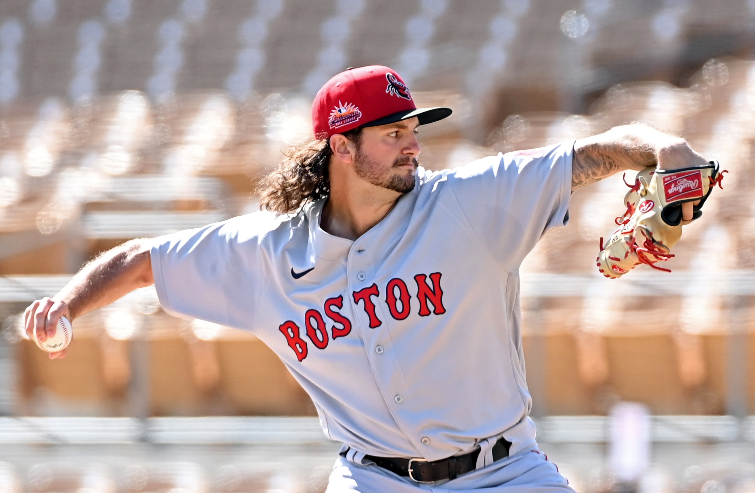 GLENDALE, AZ - OCTOBER 19: Connor Seabold #67 of the Scottsdale Scorpions pitches during the game between the Scottsdale Scorpions and the Glendale Desert Dogs at Camelback Ranch on Tuesday, October 19, 2021 in Glendale, Arizona. (Photo by Norm Hall/MLB Photos via Getty Images)