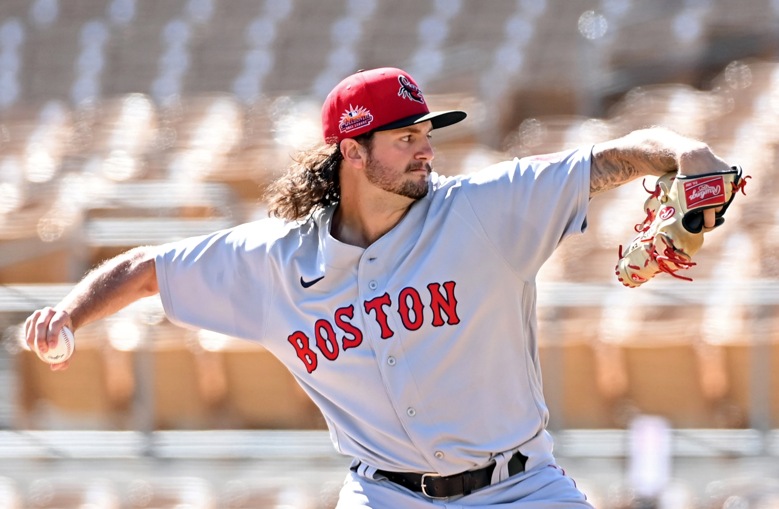 GLENDALE, AZ - OCTOBER 19: Connor Seabold #67 of the Scottsdale Scorpions pitches during the game between the Scottsdale Scorpions and the Glendale Desert Dogs at Camelback Ranch on Tuesday, October 19, 2021 in Glendale, Arizona. (Photo by Norm Hall/MLB Photos via Getty Images)