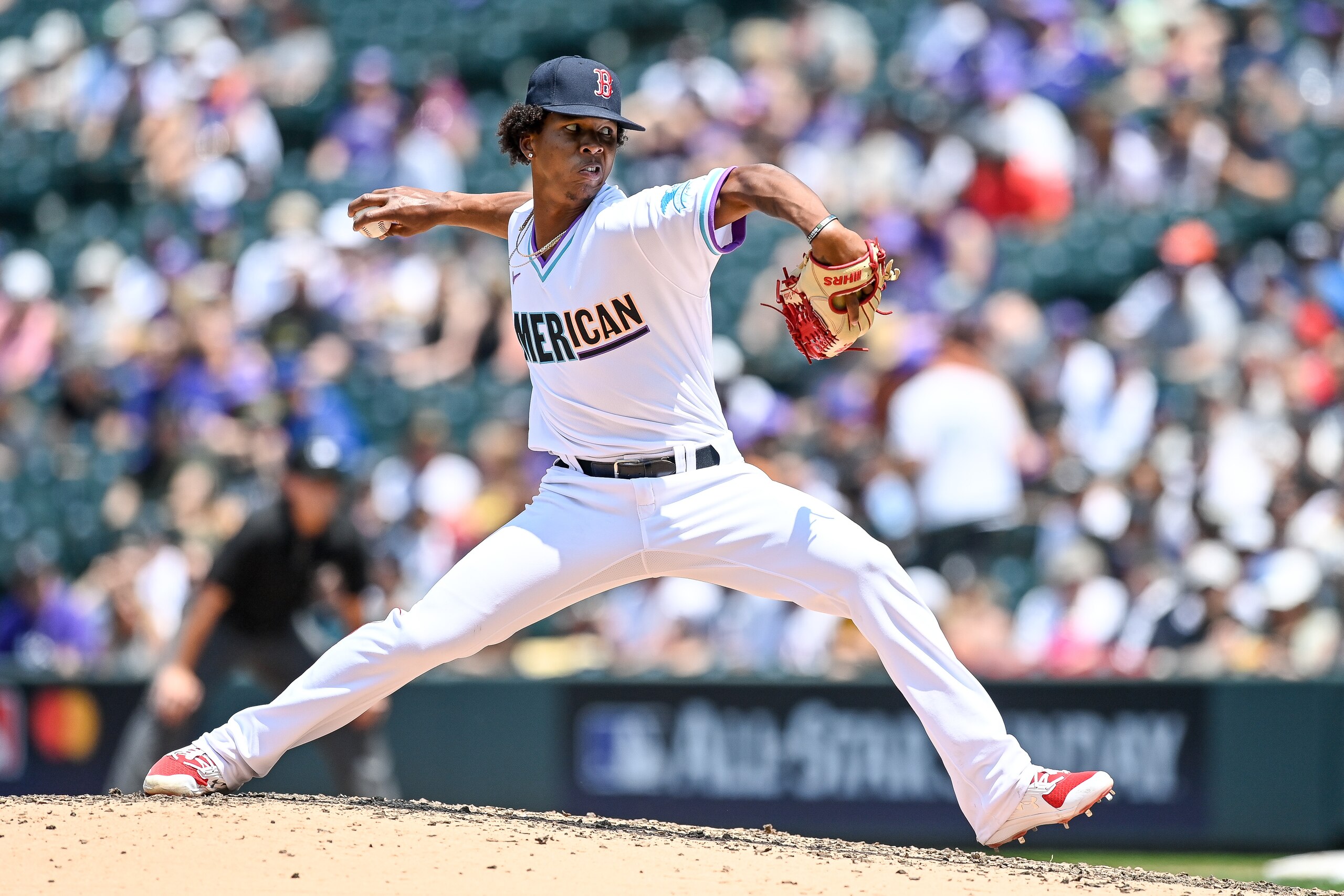 DENVER, CO - JULY 11: Brayan Bello #17 of American League Futures Team pitches against the National League Futures Team at Coors Field on July 11, 2021 in Denver, Colorado.(Photo by Dustin Bradford/Getty Images)