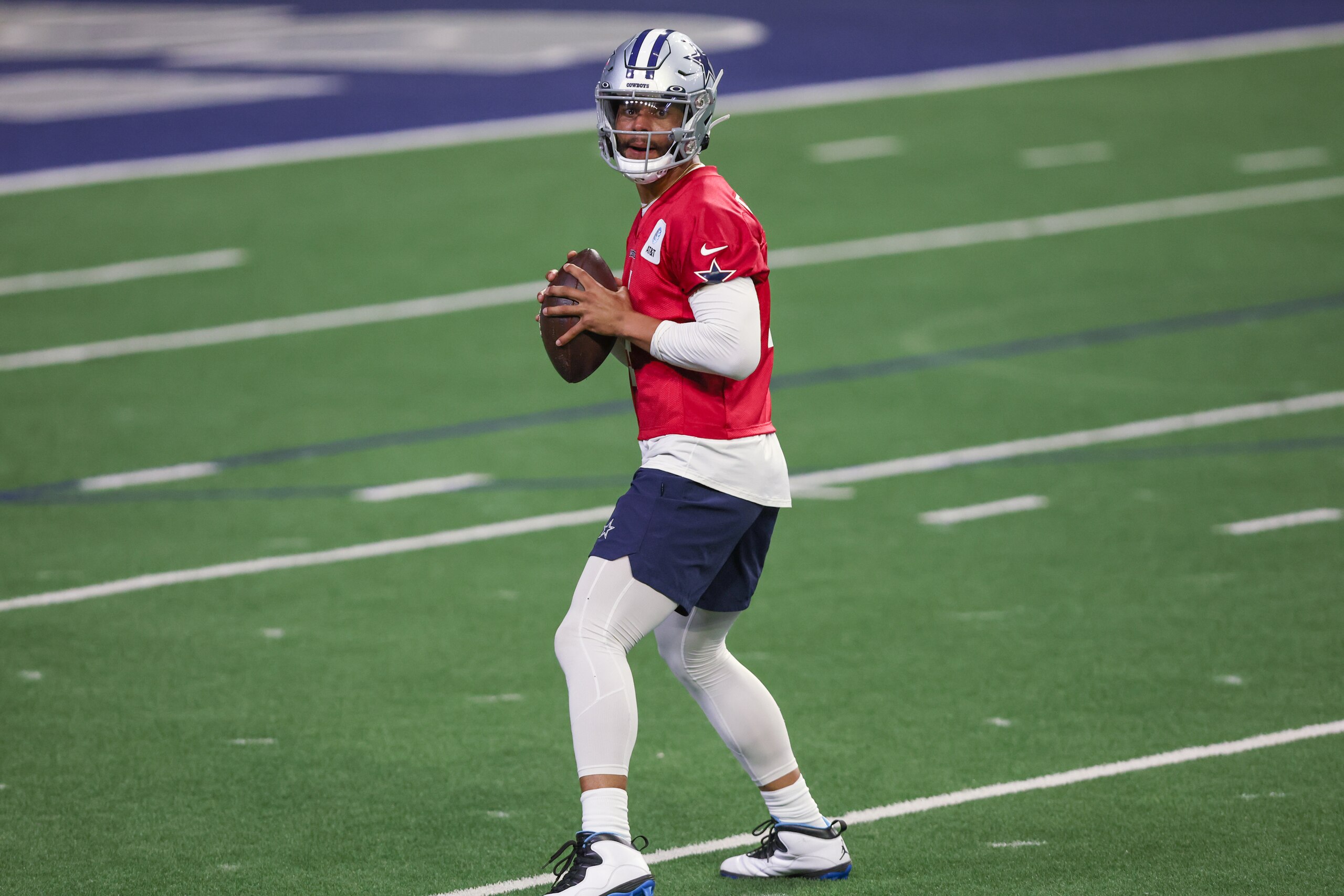 FRISCO, TX - JUNE 02: Dallas Cowboys Quarterback Dak Prescott (4) passes during the Dallas Cowboys OTA Offseason Workouts on June 2, 2022 at The Star in Frisco, TX. (Photo by George Walker/Icon Sportswire via Getty Images)