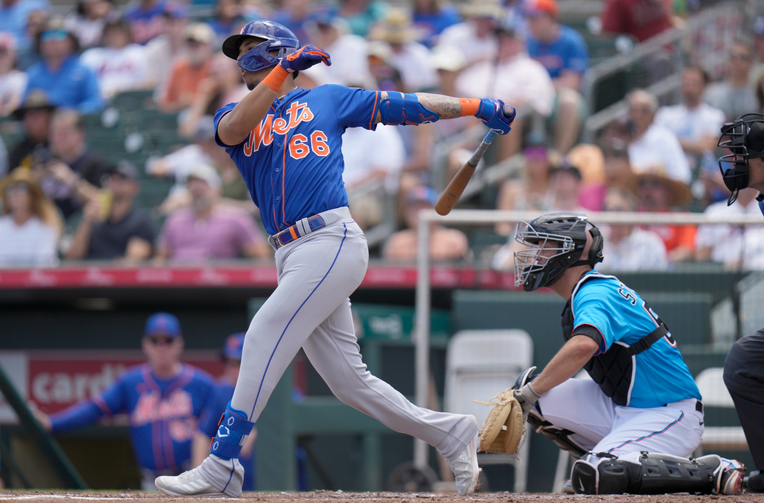 JUPITER, FLORIDA - MARCH 21: Mark Vientos #66 of the New York Mets bats against the Miami Marlins in the Spring Training game at Roger Dean Stadium on March 21, 2022 in Jupiter, Florida. (Photo by Mark Brown/Getty Images)