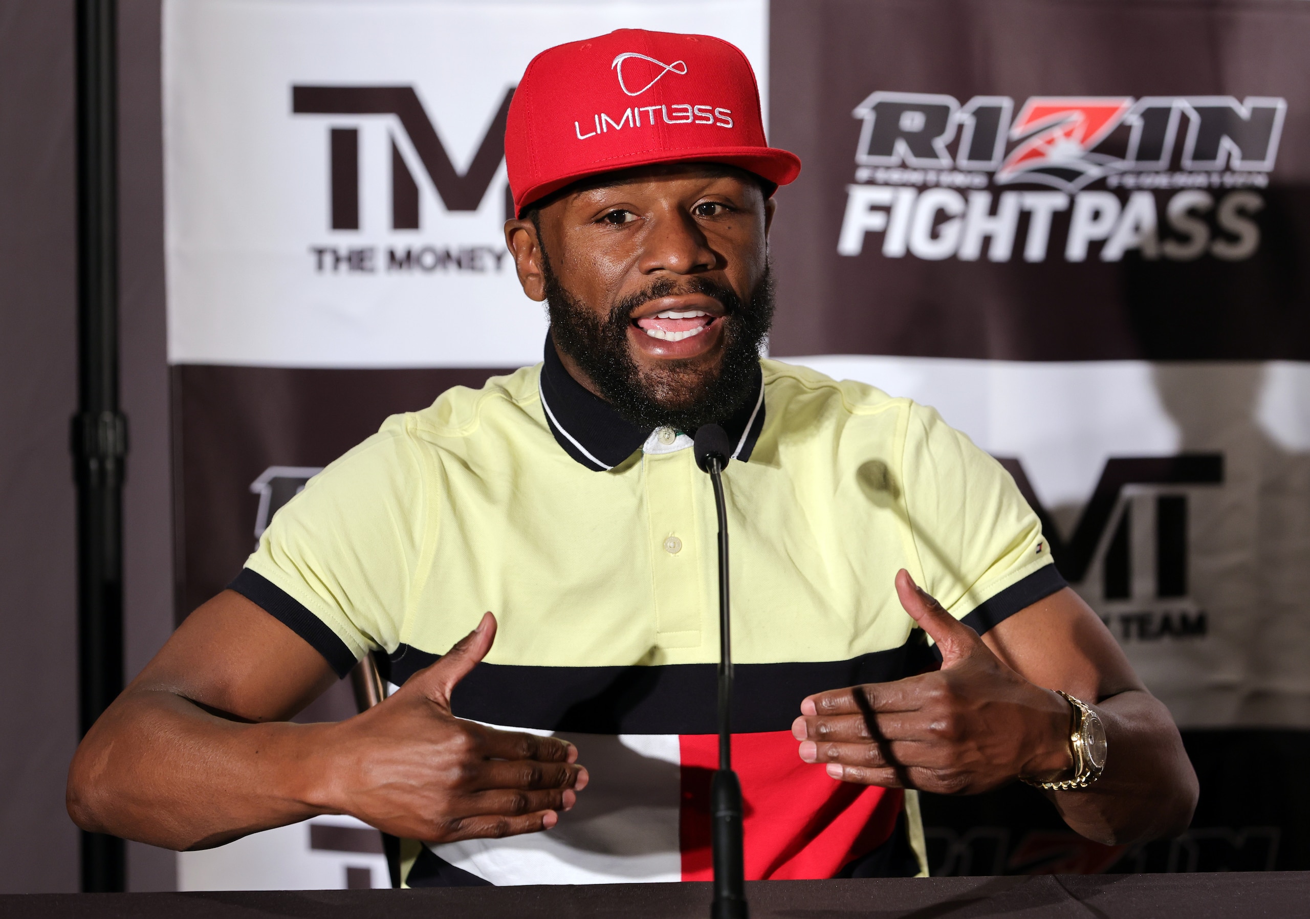 HENDERSON, NEVADA - JUNE 13: Boxer Floyd Mayweather Jr. speaks during a news conference announcing an exhibition boxing bout against mixed martial artist Mikuru Asakura at The M Resort on June 13, 2022 in Henderson, Nevada. The bout will take place in September 2022 in Japan as part of a RIZIN Fighting Federation show. (Photo by Ethan Miller/Getty Images)