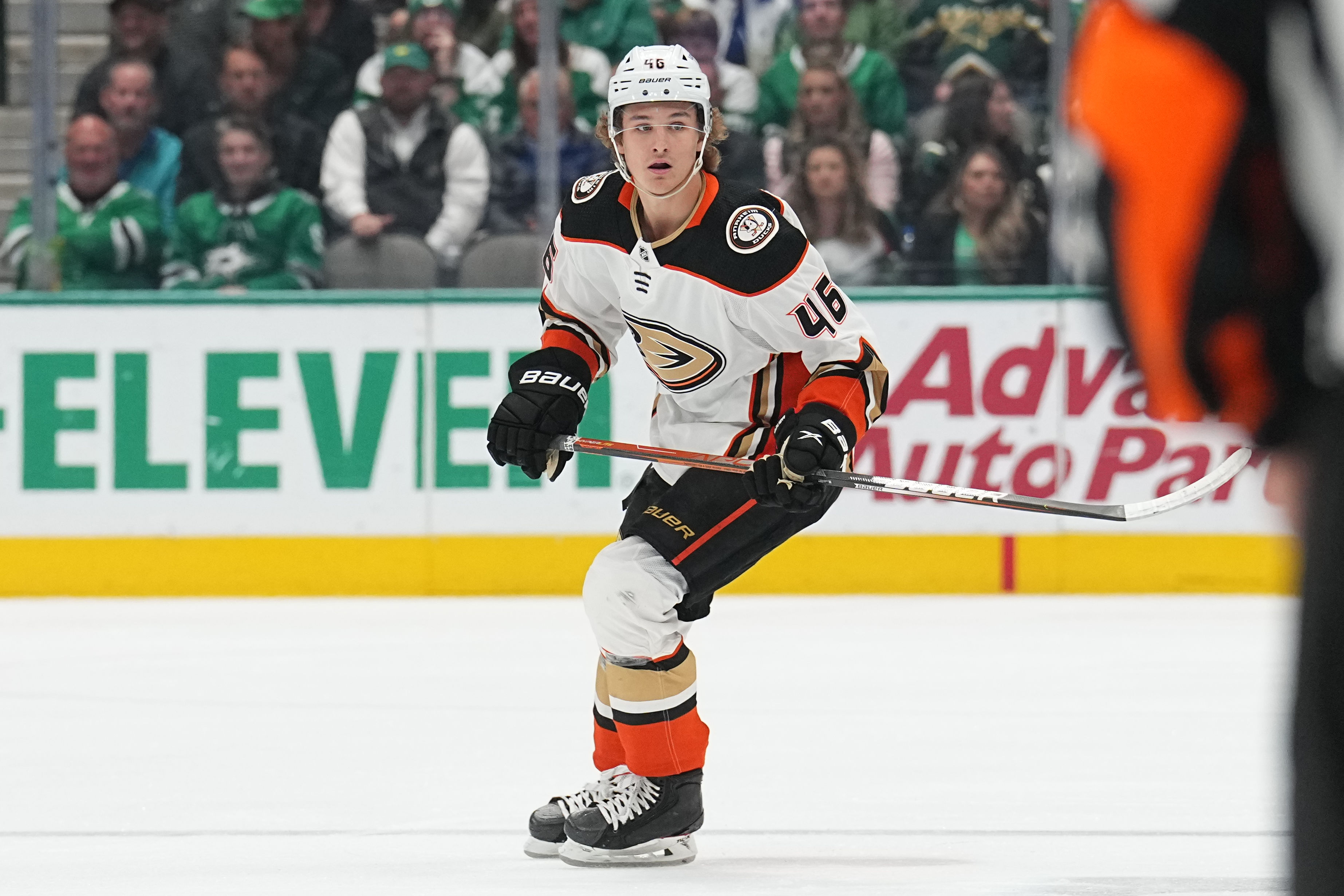 DALLAS, TX - APRIL 29: Trevor Zegras #46 of the Anaheim Ducks skates against the Dallas Stars at the American Airlines Center on April 29, 2022 in Dallas, Texas. (Photo by Glenn James/NHLI via Getty Images)