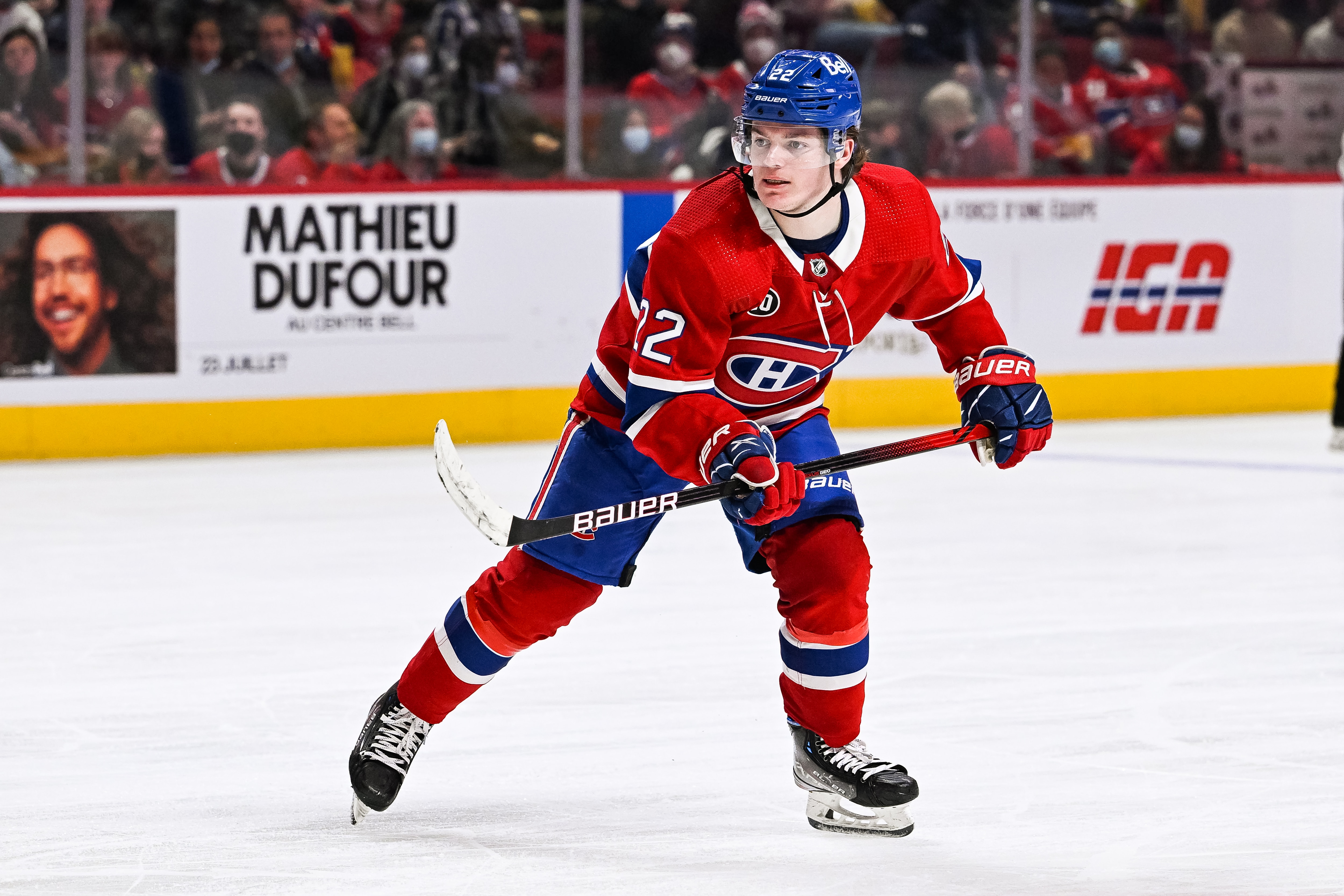 MONTREAL, QC - APRIL 29: Montreal Canadiens right wing Cole Caufield (22) tracks the play during the Florida Panthers versus the Montreal Canadiens game on April 29, 2022 at Bell Centre in Montreal, QC (Photo by David Kirouac/Icon Sportswire via Getty Images)