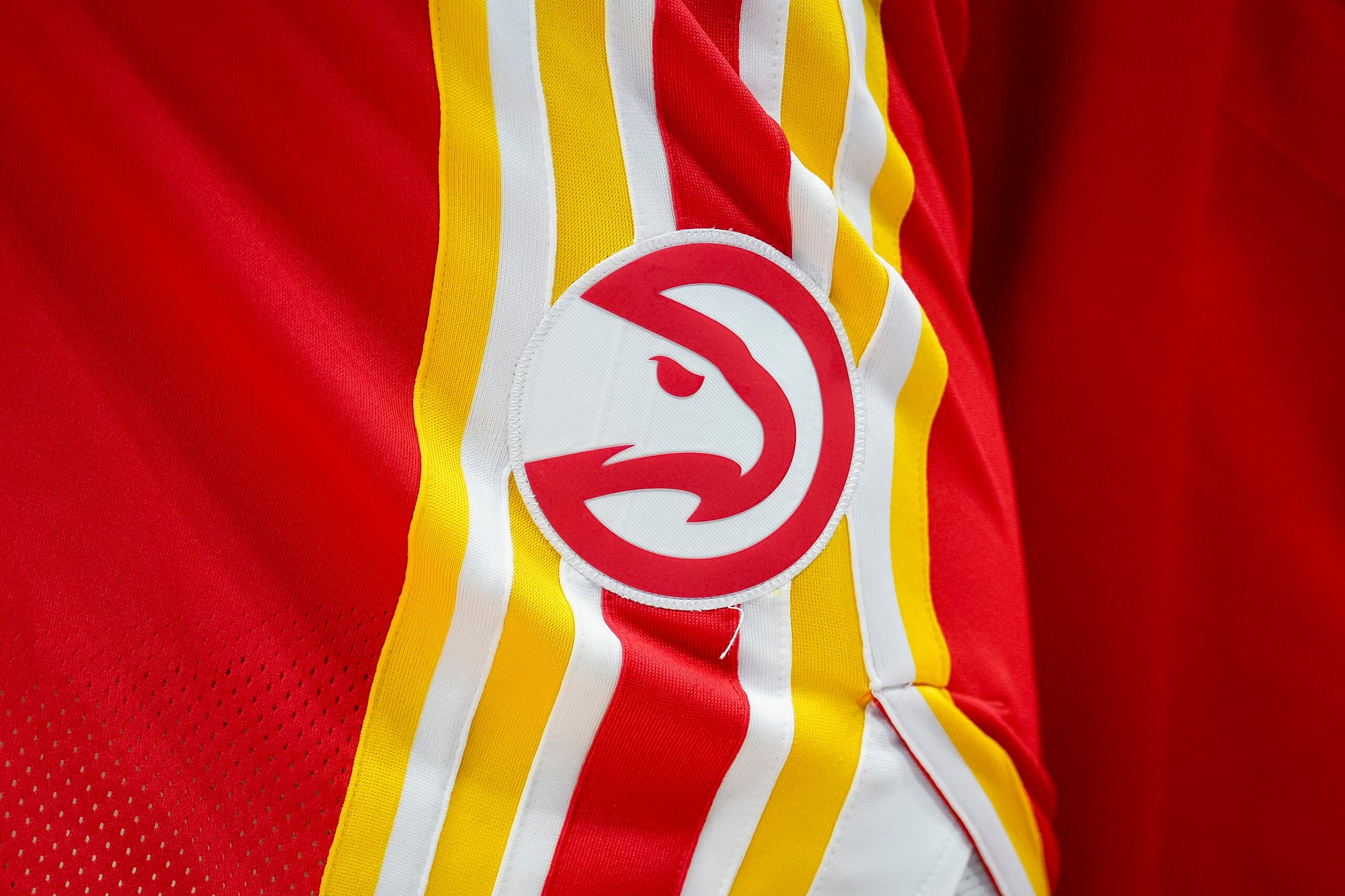 DETROIT, MICHIGAN - MARCH 23: The Atlanta Hawks logo is pictured on a pair of basketball shorts during the first quarter against the Detroit Pistons at Little Caesars Arena on March 23, 2022 in Detroit, Michigan. NOTE TO USER: User expressly acknowledges and agrees that, by downloading and or using this photograph, User is consenting to the terms and conditions of the Getty Images License Agreement. (Photo by Nic Antaya/Getty Images)
