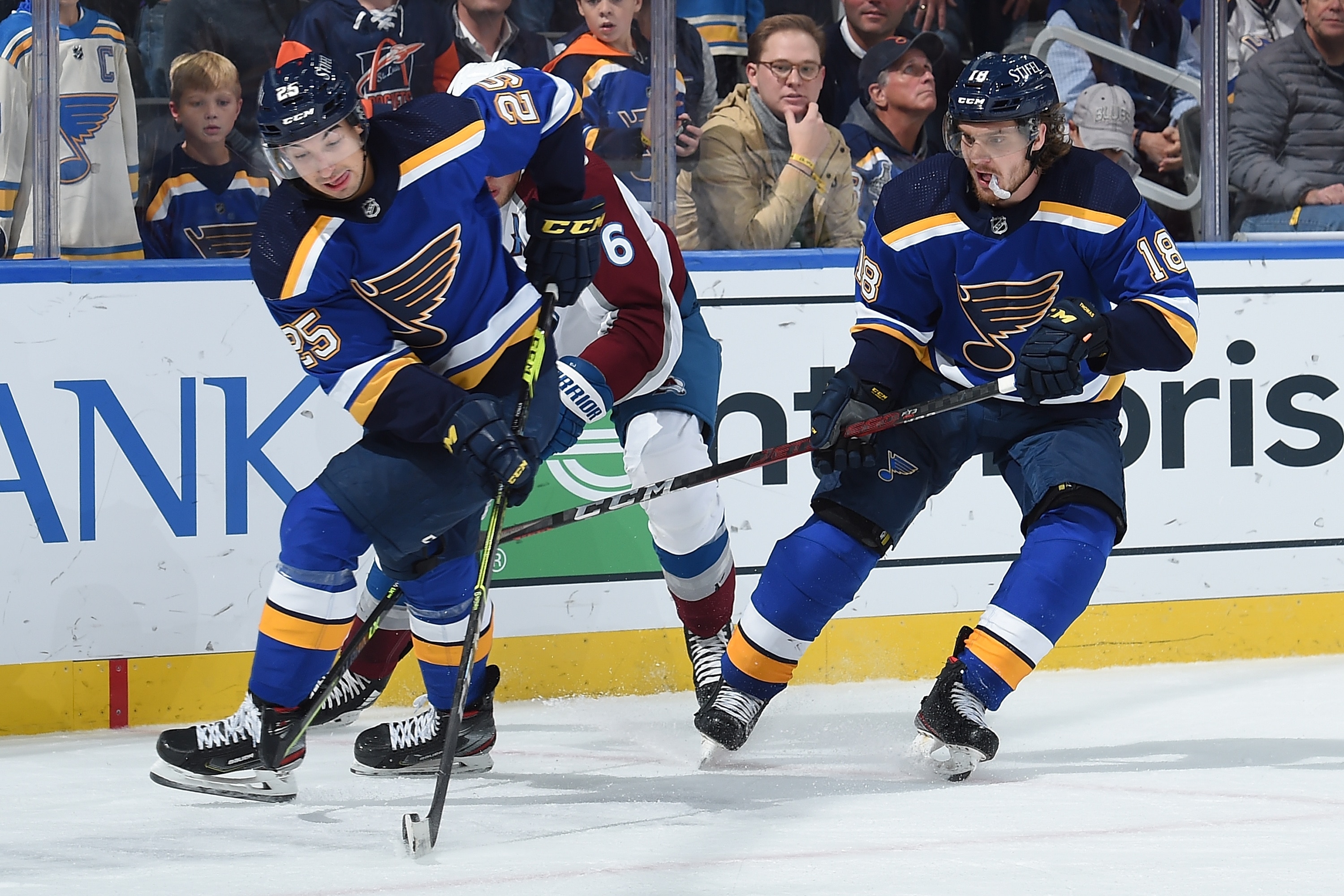 ST. LOUIS, MO - OCTOBER 28: Jordan Kyrou #25 and Robert Thomas #18 of the St. Louis Blues in action against the Colorado Avalanche at the Enterprise Center on October 28, 2021 in St. Louis, Missouri. (Photo by Joe Puetz/NHLI via Getty Images)