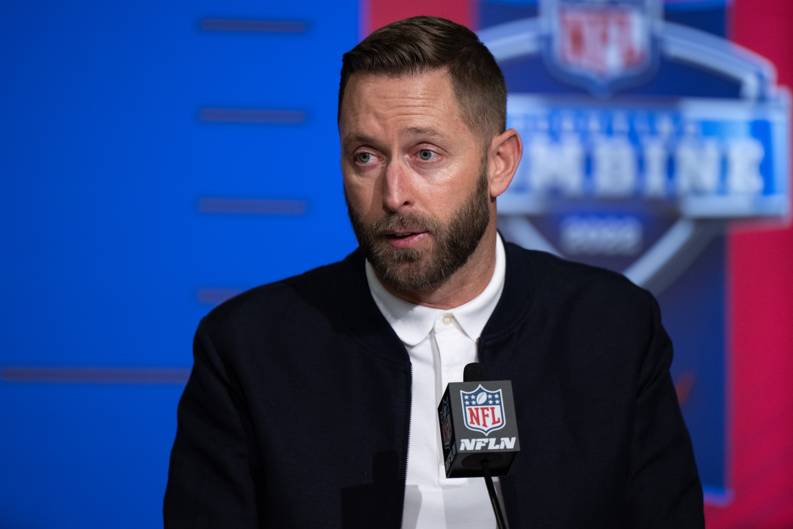 INDIANAPOLIS, IN - MARCH 01: Arizona Cardinals head coach Kliff Kingsbury answers questions from the media during the NFL Scouting Combine on March 1, 2022, at the Indiana Convention Center in Indianapolis, IN. (Photo by Zach Bolinger/Icon Sportswire via Getty Images)