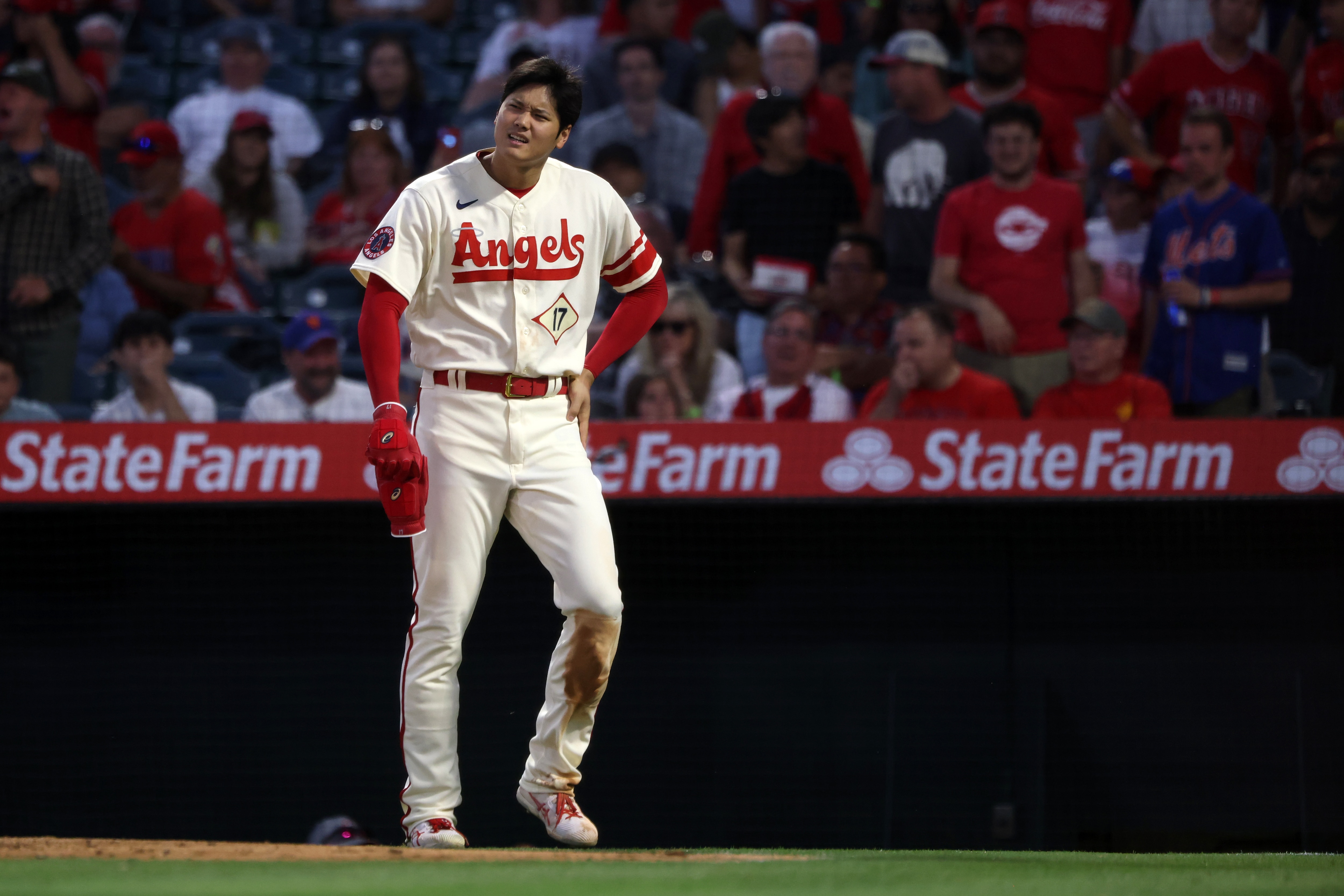 ANAHEIM, CA - JUNE 11: Shohei Ohtani #17 of the Los Angeles Angels reacts after being tagged out at home in the third inning during the game between the New York Mets and the Los Angeles Angels at Angel Stadium on Saturday, June 11, 2022 in Anaheim, California. (Photo by Katelyn Mulcahy/MLB Photos via Getty Images)