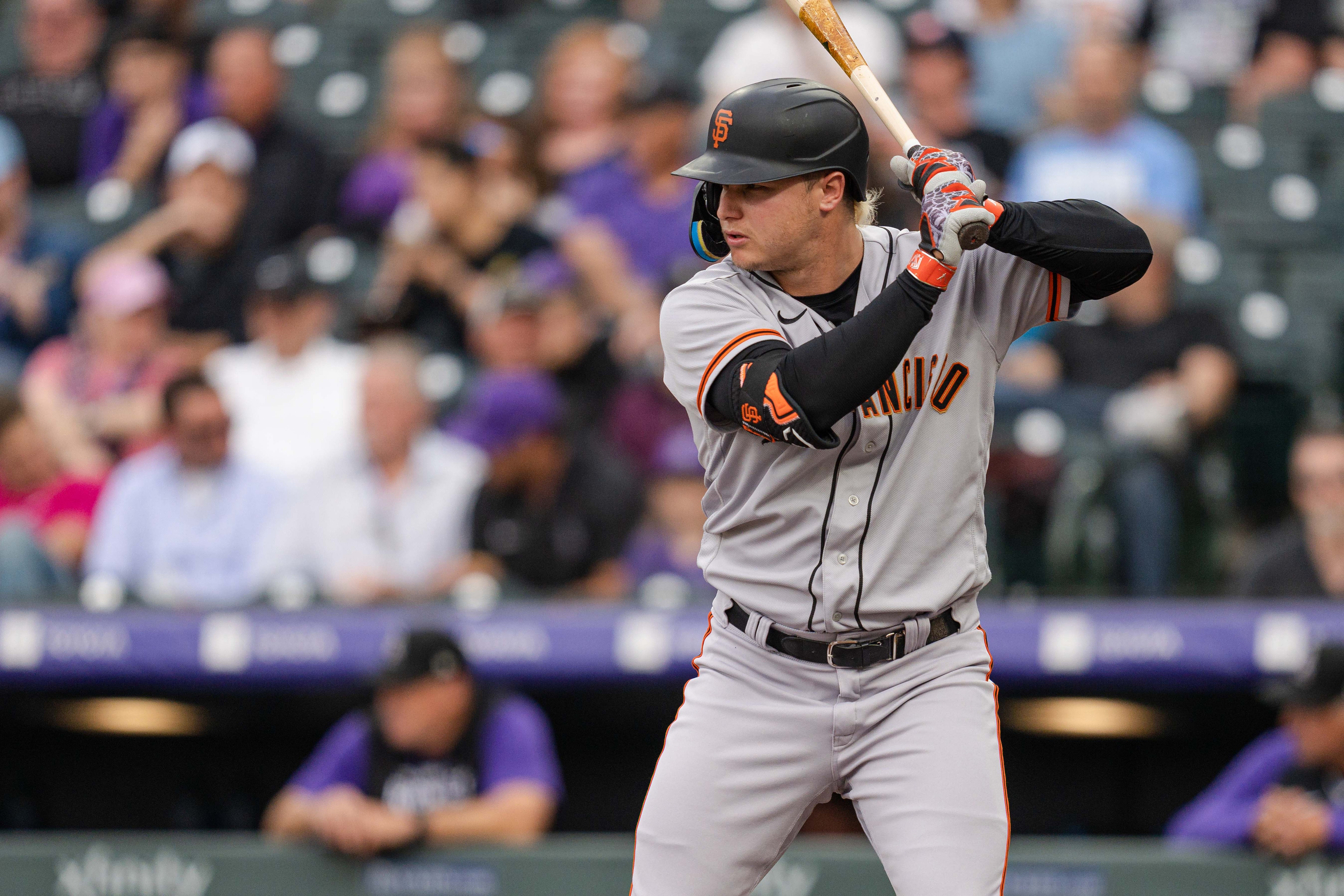 DENVER, COLORADO - MAY 16, 2022: Joc Pederson #23 of the San Francisco Giants during the game against the Colorado Rockies at Coors Field on May 16, 2022 in Denver, Colorado.(Photo by Harrison Barden/Colorado Rockies/Getty Images)
