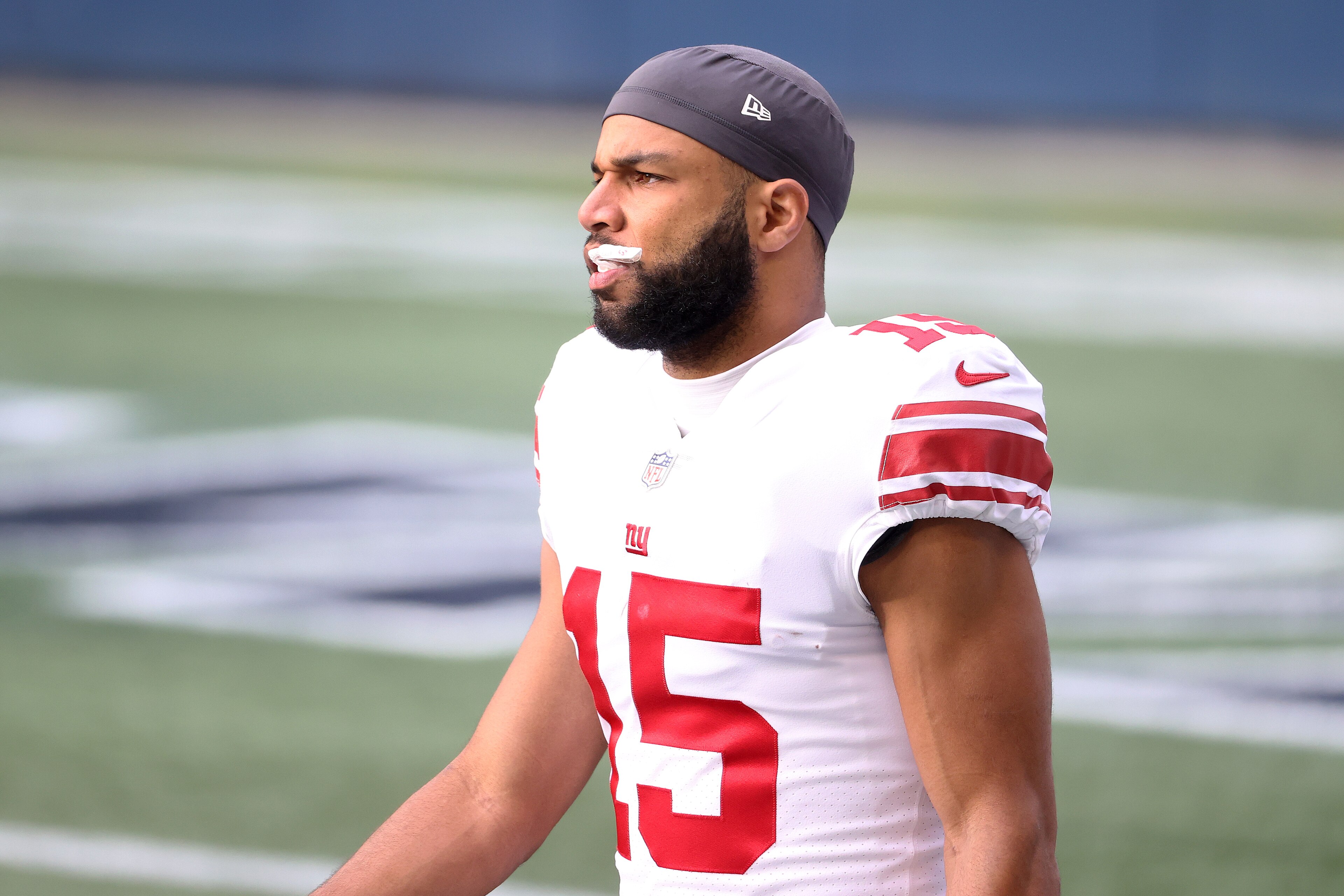 SEATTLE, WASHINGTON - DECEMBER 06: Golden Tate #15 of the New York Giants looks on before their game against the Seattle Seahawks at Lumen Field on December 06, 2020 in Seattle, Washington. (Photo by Abbie Parr/Getty Images) SEATTLE, WASHINGTON - DECEMBER 06: Golden Tate #15 of the New York Giants looks on before their game against the Seattle Seahawks at Lumen Field on December 06, 2020 in Seattle, Washington. (Photo by Abbie Parr/Getty Images)
