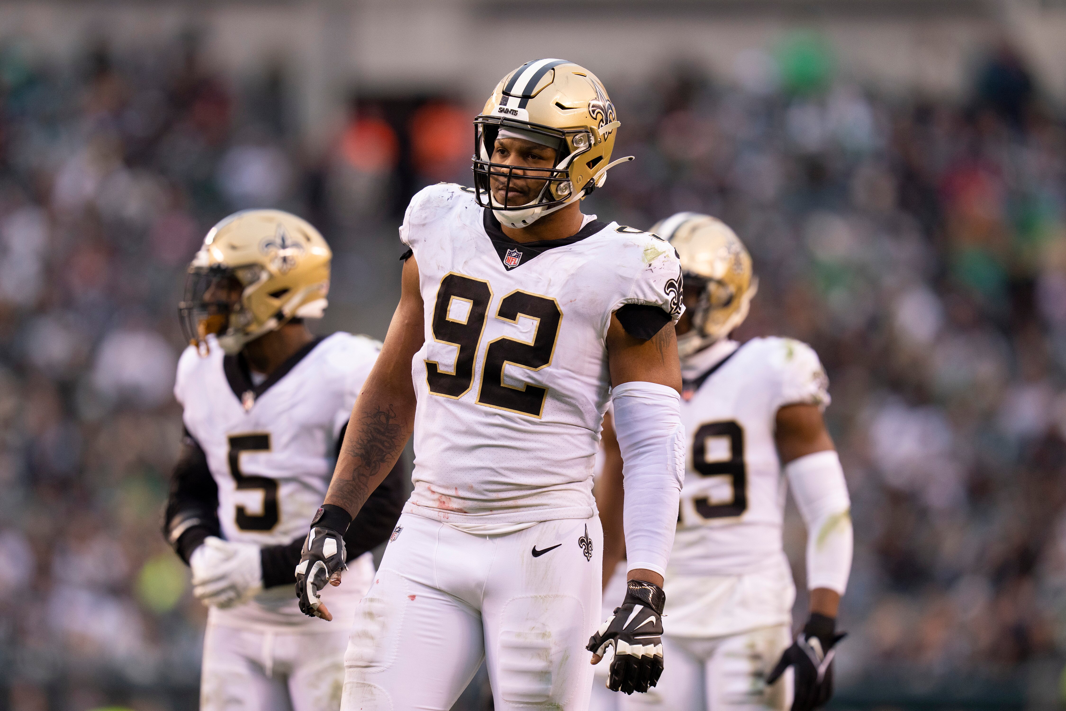 PHILADELPHIA, PA - NOVEMBER 21: Marcus Davenport #92 of the New Orleans Saints looks on against the Philadelphia Eagles at Lincoln Financial Field on November 21, 2021 in Philadelphia, Pennsylvania. (Photo by Mitchell Leff/Getty Images)