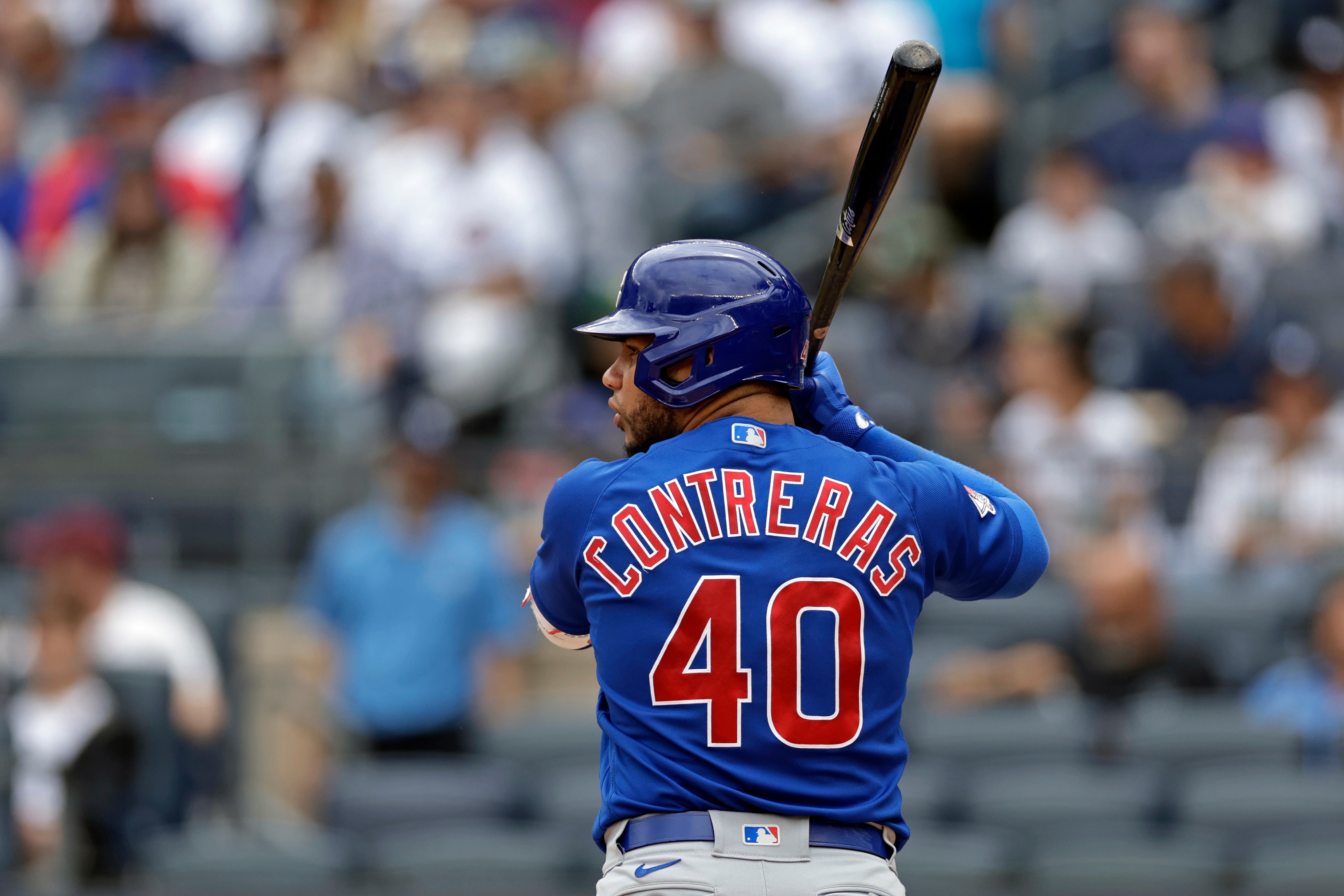 NEW YORK, NY - JUNE 12: Wilson Contreras #40 of the Chicago Cubs at bat against the New York Yankees during the first inning at Yankee Stadium on June 12, 2022 in New York City. (Photo by Adam Hunger/Getty Images)