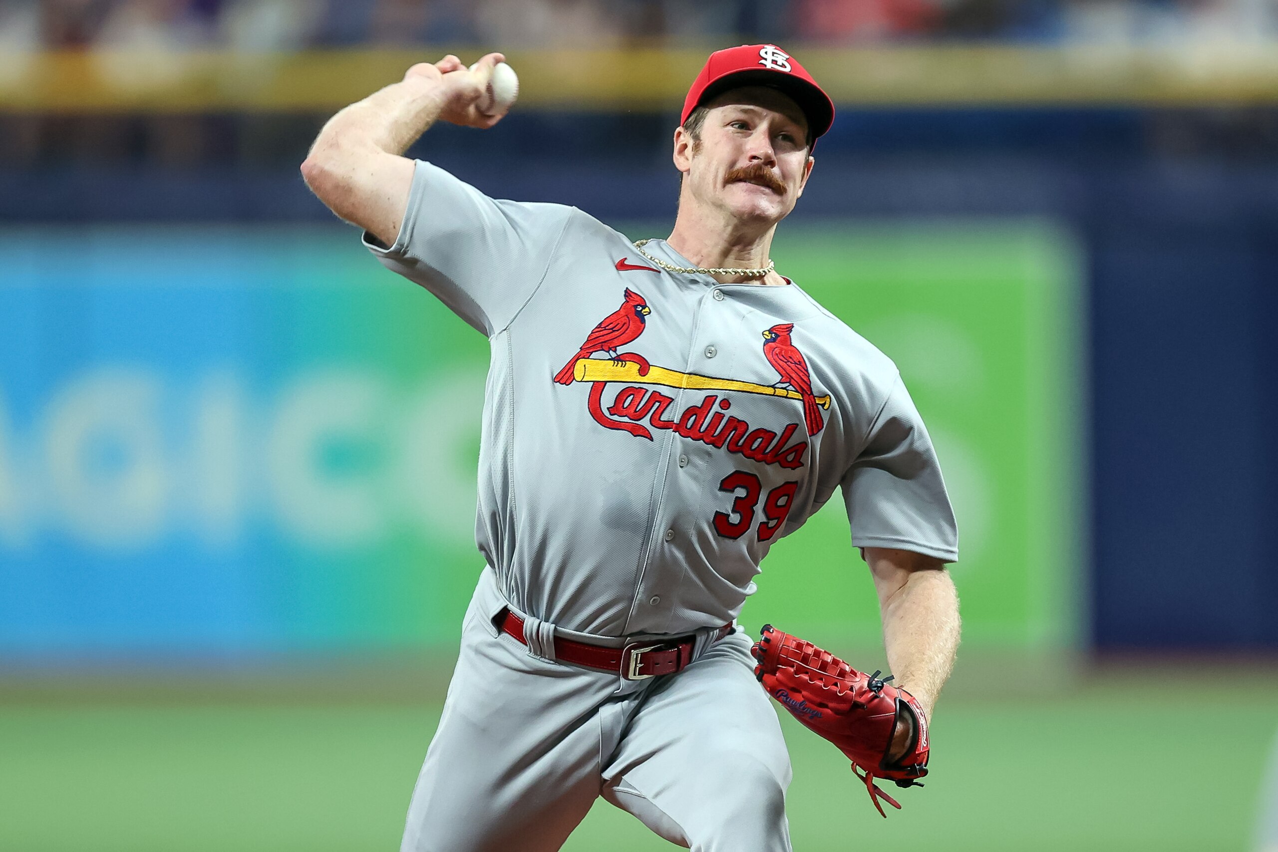 ST. PETERSBURG, FL - JUNE 9: Miles Mikolas #39 of the St. Louis Cardinals throws against the Tampa Bay Rays during the first inning of a baseball game at Tropicana Field on June 9, 2022 in St. Petersburg, Florida. (Photo by Mike Carlson/Getty Images)
