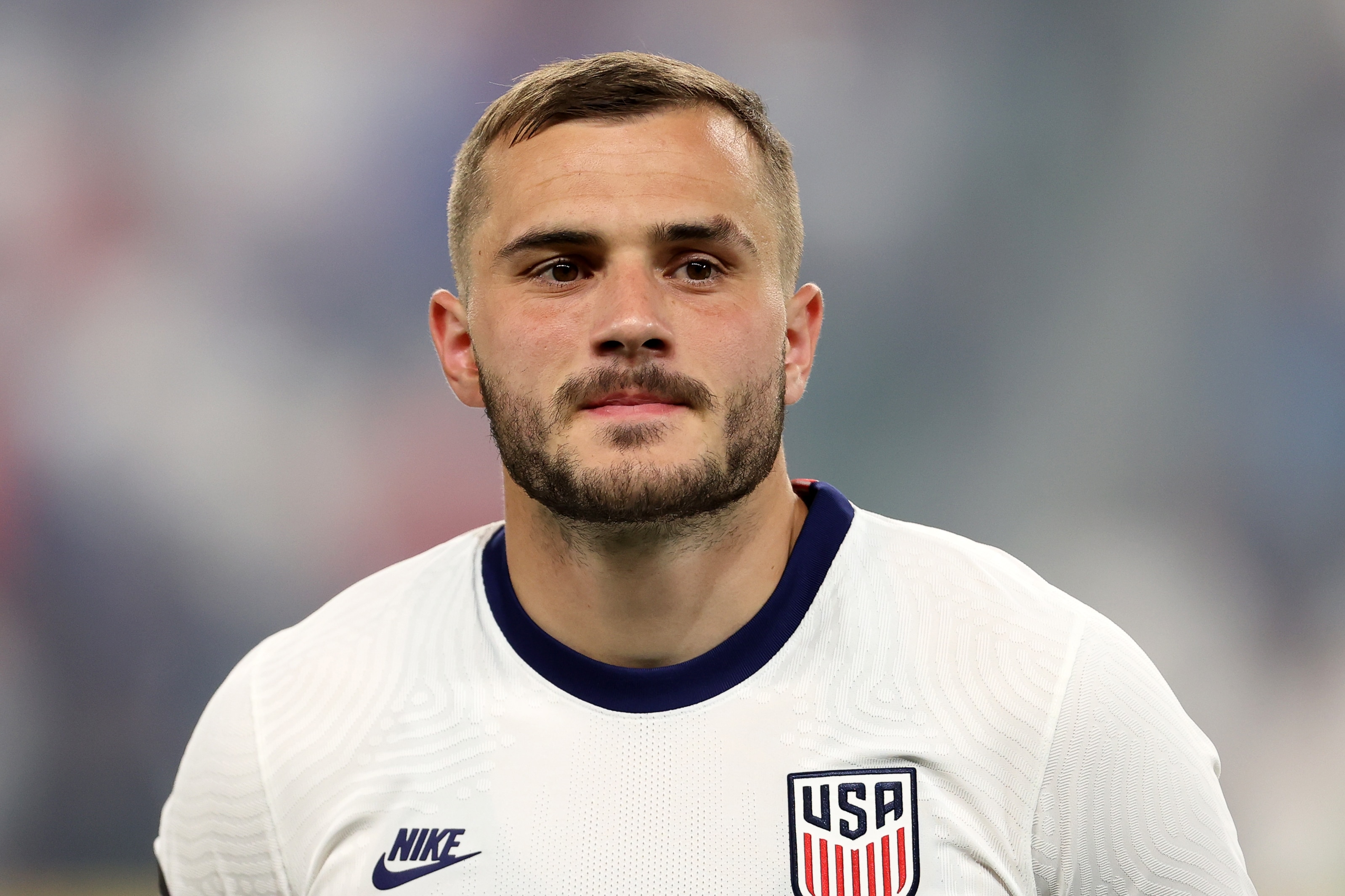 AUSTIN, TX - JUNE 10: Jordan Morris #13 of United States stands for their national anthem before to the CONCACAF Nations League match between Grenada and United States at Q2 Stadium on June 10, 2022 in Austin, Texas. (Photo by Omar Vega/Getty Images)