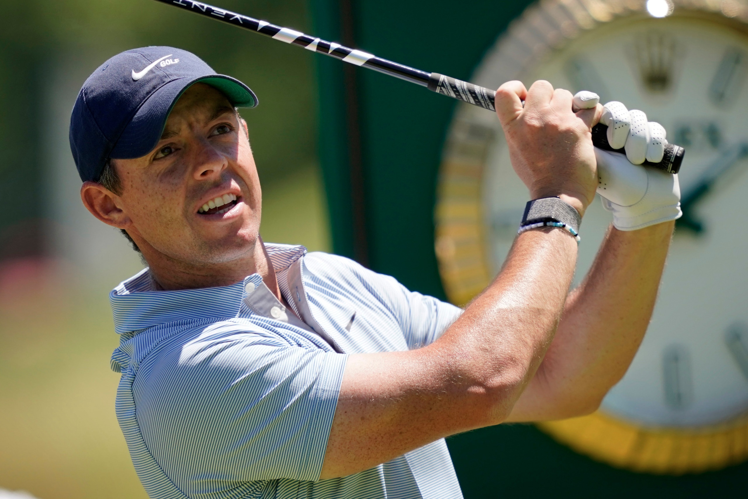 Rory McIlroy, of Northern Ireland, hits a drive on number 13 at The Country Club, Tuesday, June 14, 2022, in Brookline, Mass., during a practice round ahead of the U.S. Open golf tournament. (AP Photo/Robert F. Bukaty)