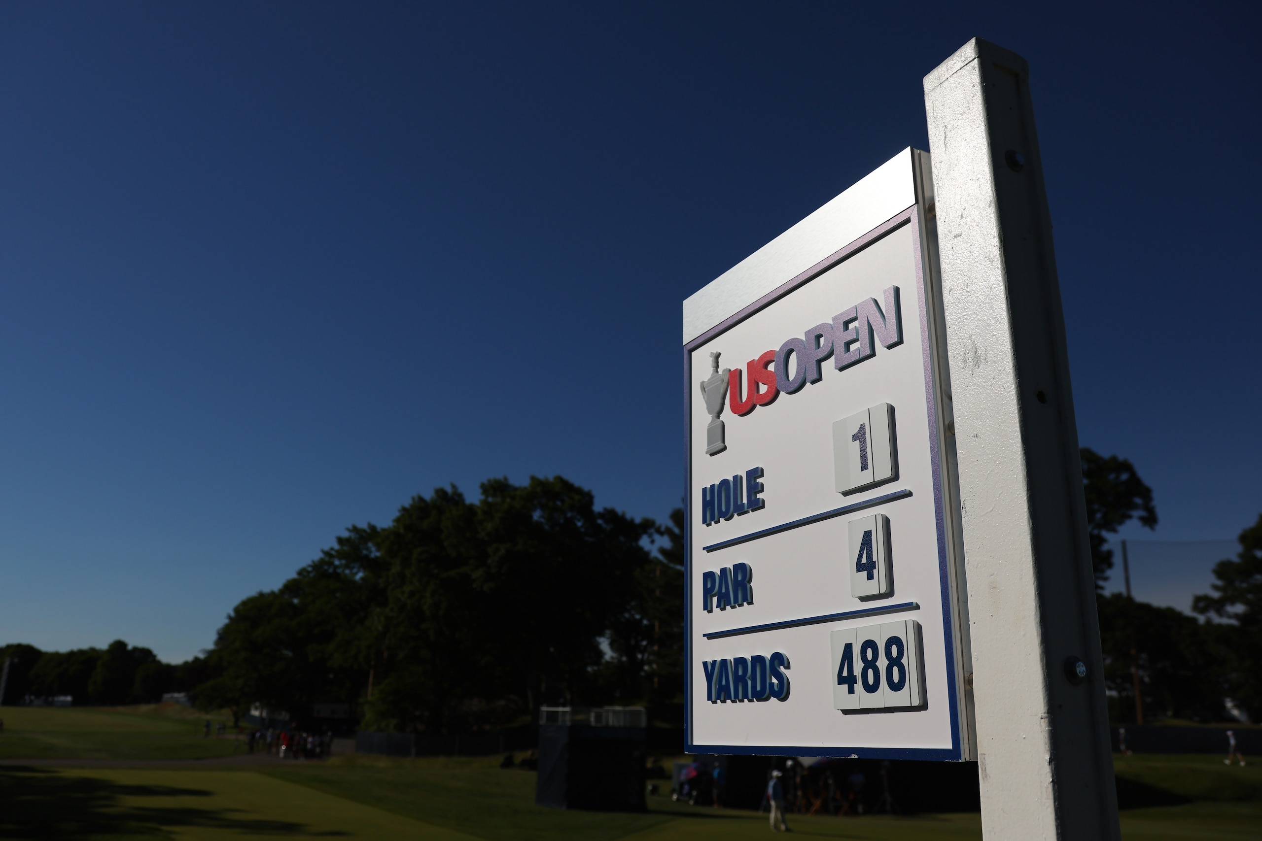 BROOKLINE, MASSACHUSETTS - JUNE 14: The tee sign on the first hole is seen during a practice round prior to the US Open at The Country Club on June 14, 2022 in Brookline, Massachusetts. (Photo by Andrew Redington/Getty Images)