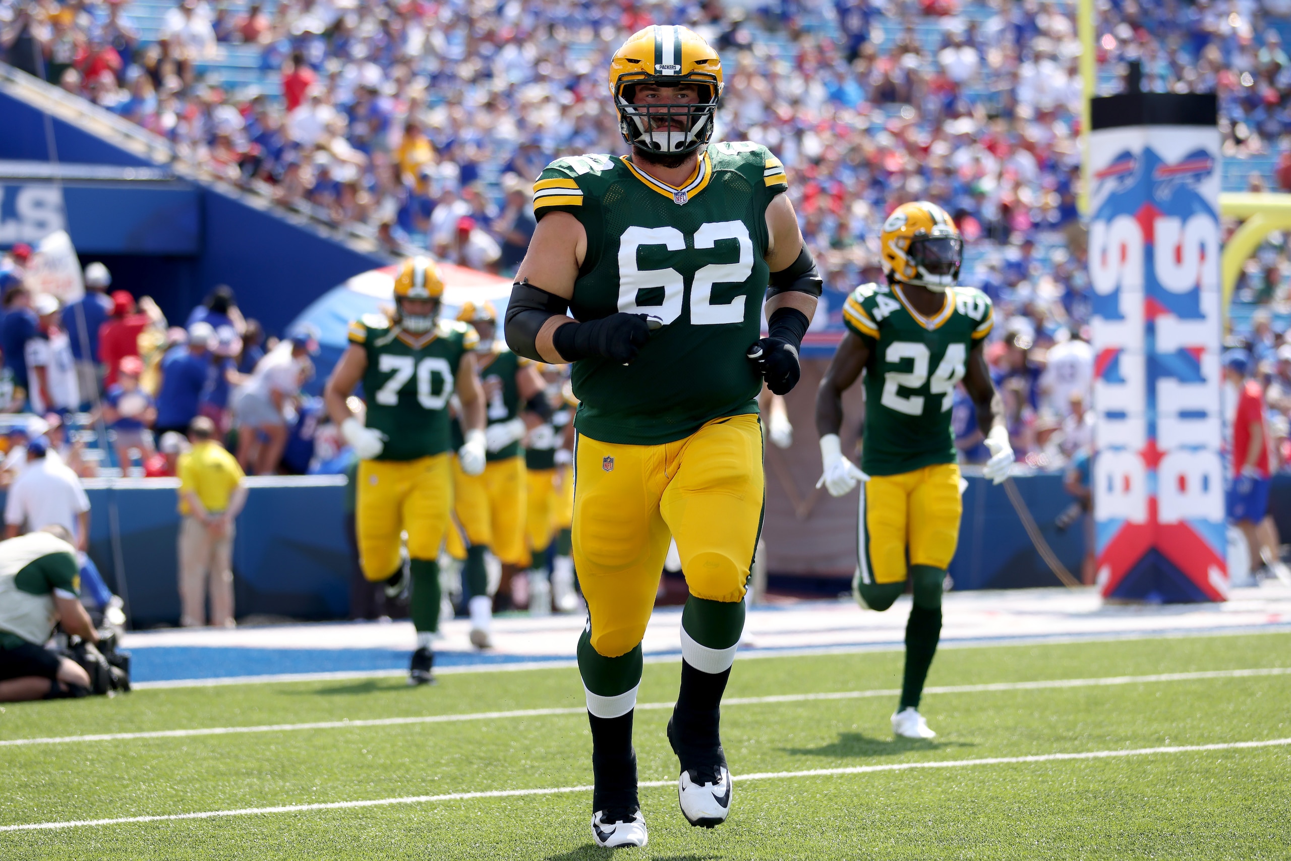 ORCHARD PARK, NEW YORK - AUGUST 28: Lucas Patrick #62 of the Green Bay Packers runs on the field prior to a game against the Buffalo Bills at Highmark Stadium on August 28, 2021 in Orchard Park, New York. (Photo by Bryan Bennett/Getty Images) ORCHARD PARK, NEW YORK - AUGUST 28: Lucas Patrick #62 of the Green Bay Packers runs on the field prior to a game against the Buffalo Bills at Highmark Stadium on August 28, 2021 in Orchard Park, New York. (Photo by Bryan Bennett/Getty Images)