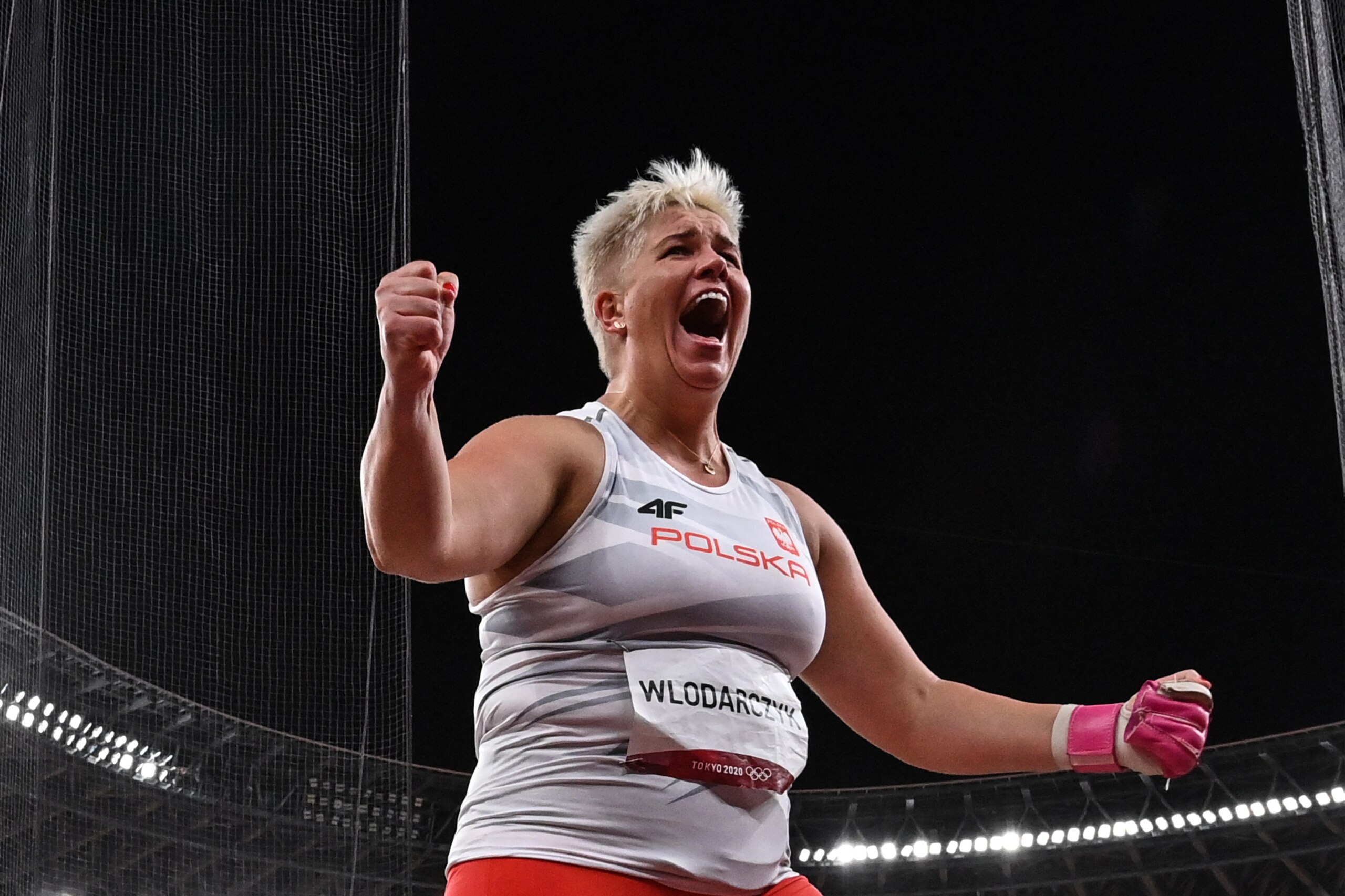 Poland's Anita Wlodarczyk reacts while competing in the women's hammer throw final during the Tokyo 2020 Olympic Games at the Olympic Stadium in Tokyo on August 3, 2021. (Photo by Andrej ISAKOVIC / AFP) (Photo by ANDREJ ISAKOVIC/AFP via Getty Images)