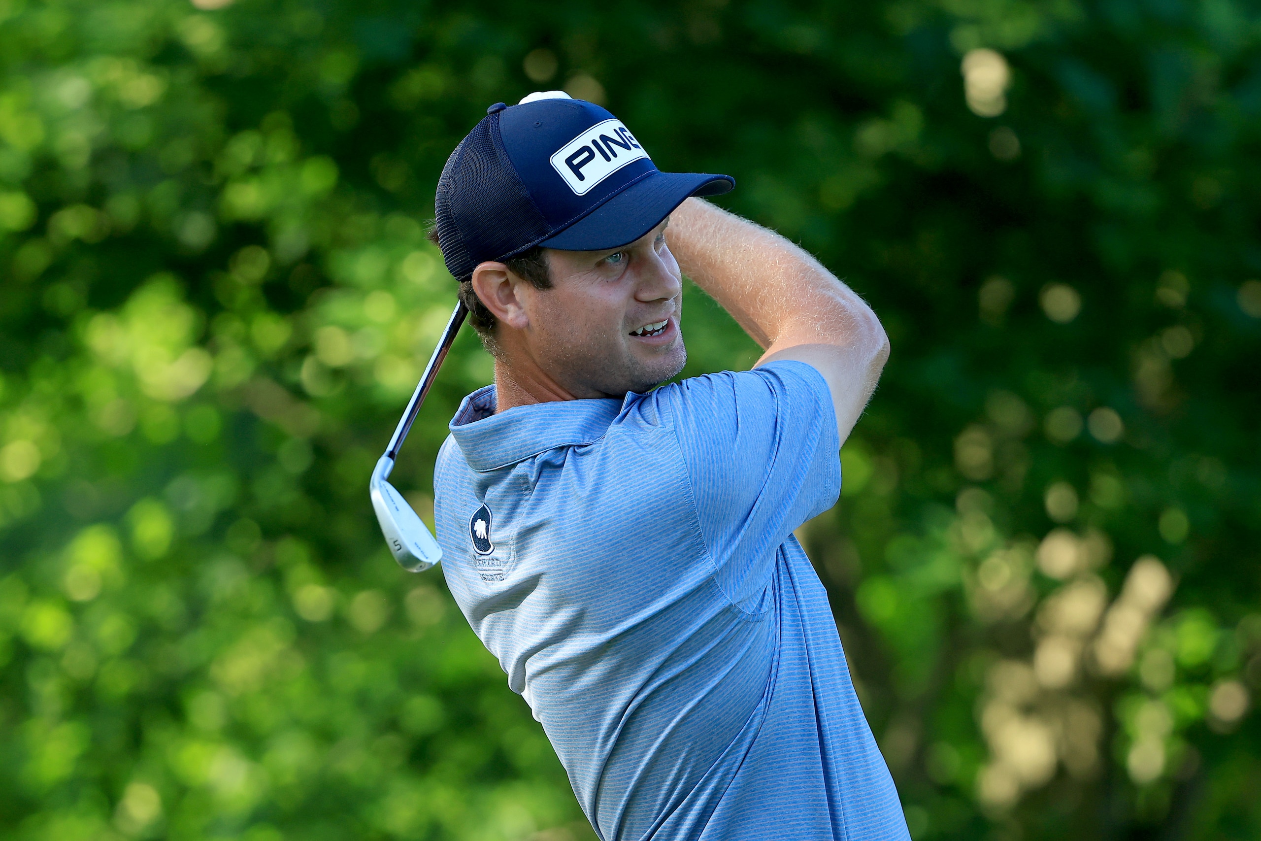 DUBLIN, OHIO - JUNE 01: Harris English plays a shot during a practice round prior to the Memorial Tournament presented by Workday at Muirfield Village Golf Club on June 01, 2022 in Dublin, Ohio. (Photo by Sam Greenwood/Getty Images)