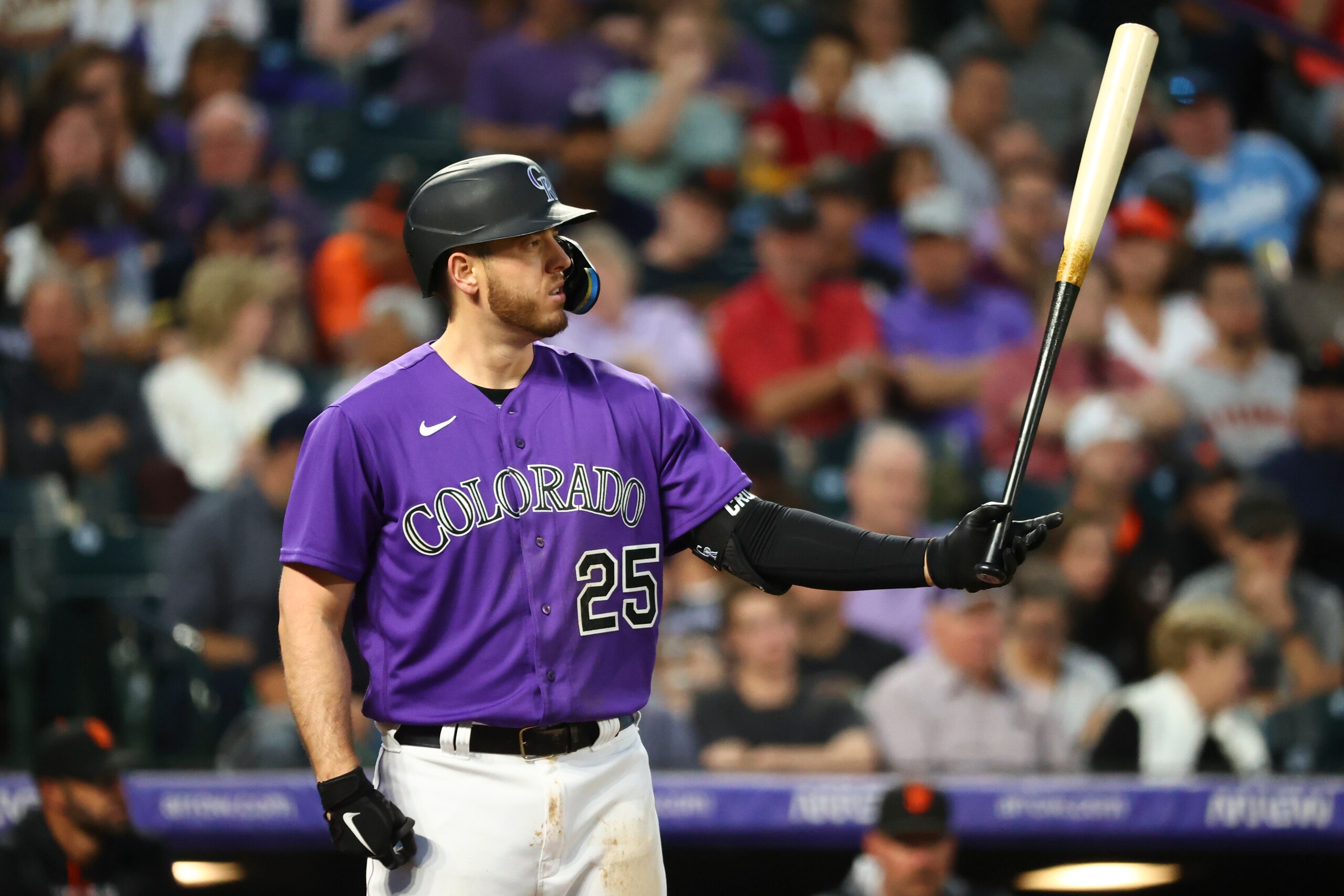 DENVER, CO - MAY 17: C.J. Cron #25 of the Colorado Rockies bats during the fourth inning against the San Francisco Giants at Coors Field on May 17, 2022 in Denver, Colorado. (Photo by C. Morgan Engel/Getty Images)