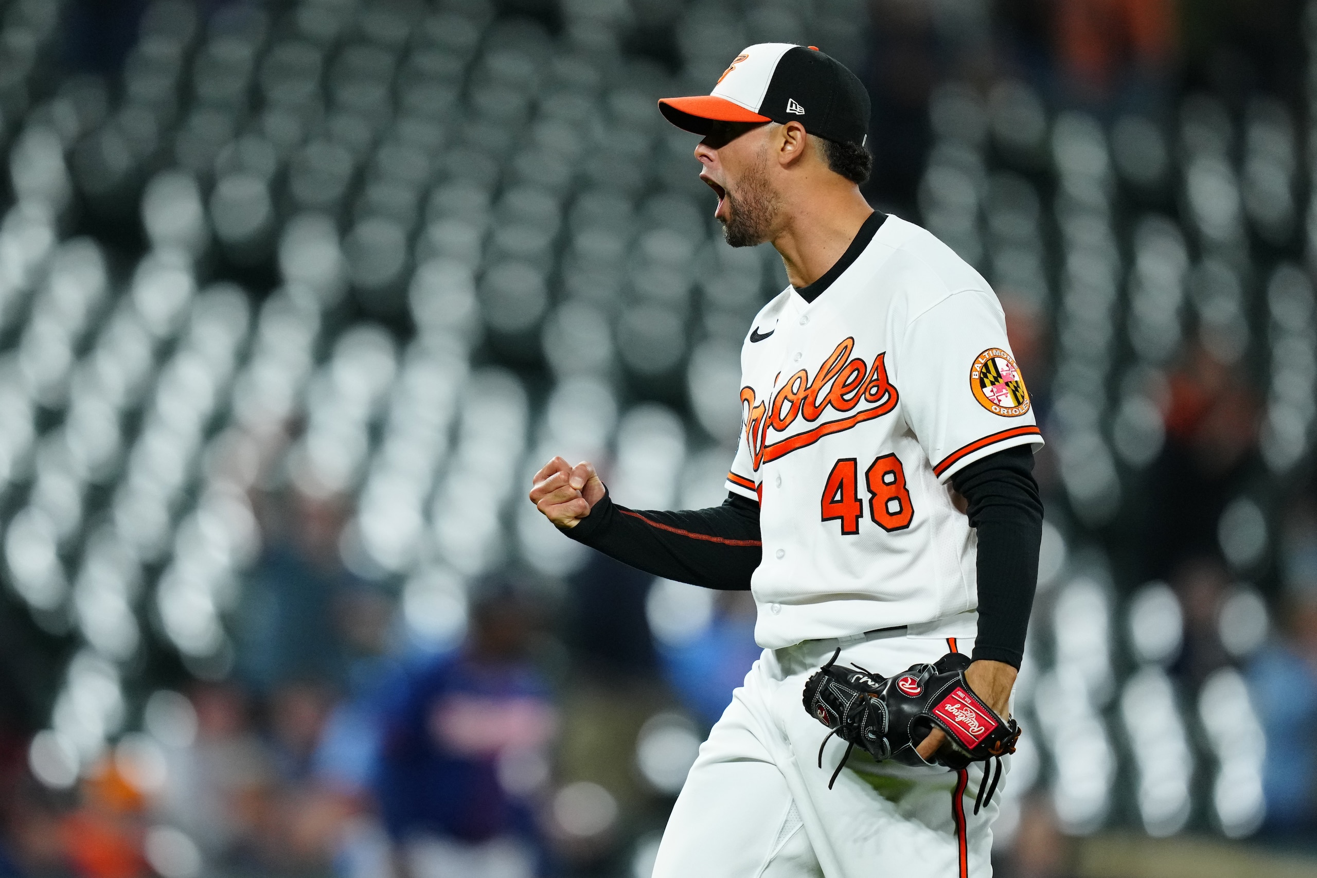 BALTIMORE, MD - MAY 05: Jorge Lopez #48 of the Baltimore Orioles reacts after striking out Byron Buxton #25 of the Minnesota Twins to defeat the Minnesota Twins at Oriole Park at Camden Yards on Thursday, May 5, 2022 in Baltimore, Maryland. (Photo by Daniel Shirey/MLB Photos via Getty Images)