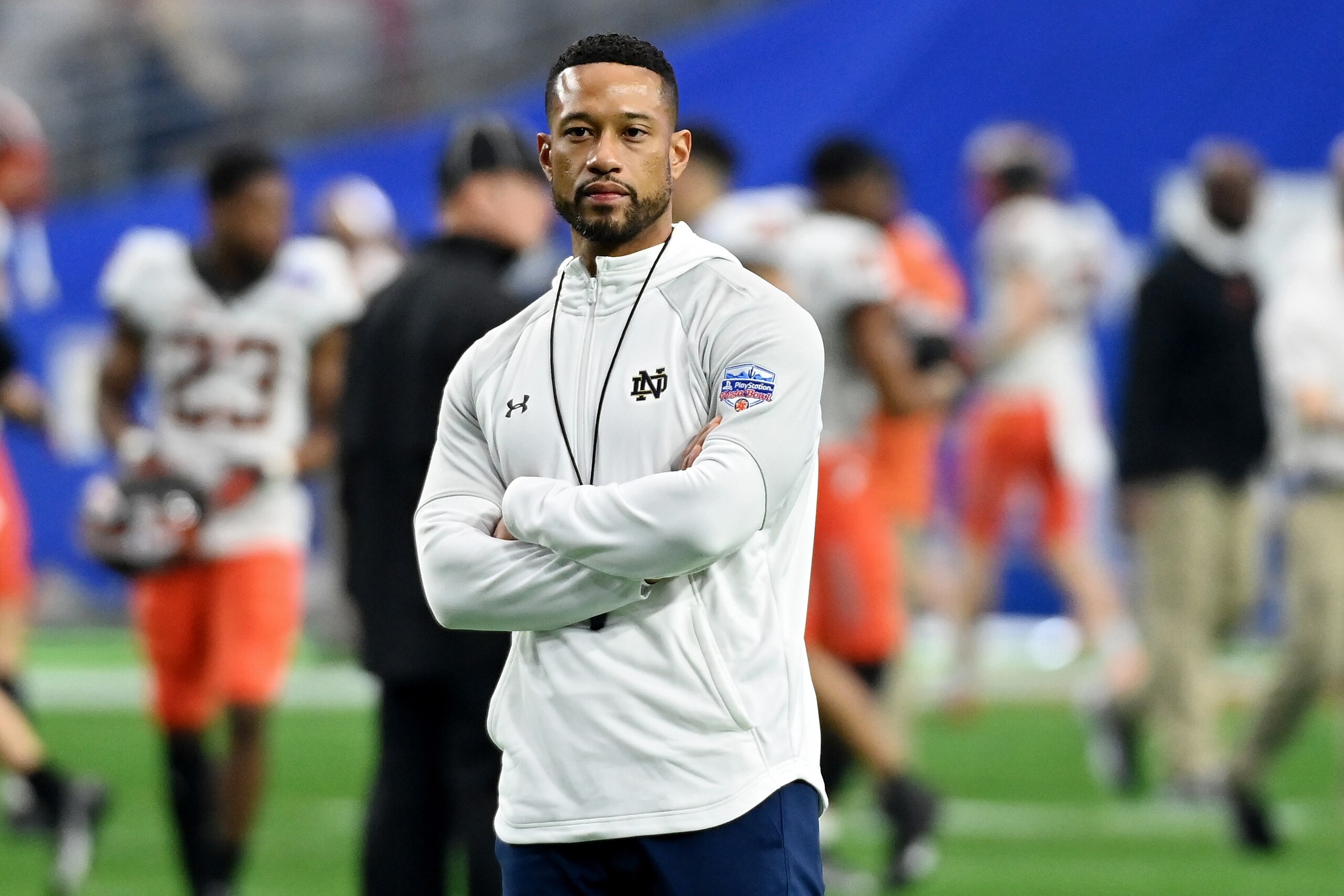 GLENDALE, ARIZONA - JANUARY 01: Head coach Marcus Freeman of the Notre Dame Fighting Irish looks on before the PlayStation Fiesta Bowl against the Oklahoma State Cowboys at State Farm Stadium on January 01, 2022 in Glendale, Arizona. (Photo by Norm Hall/Getty Images)