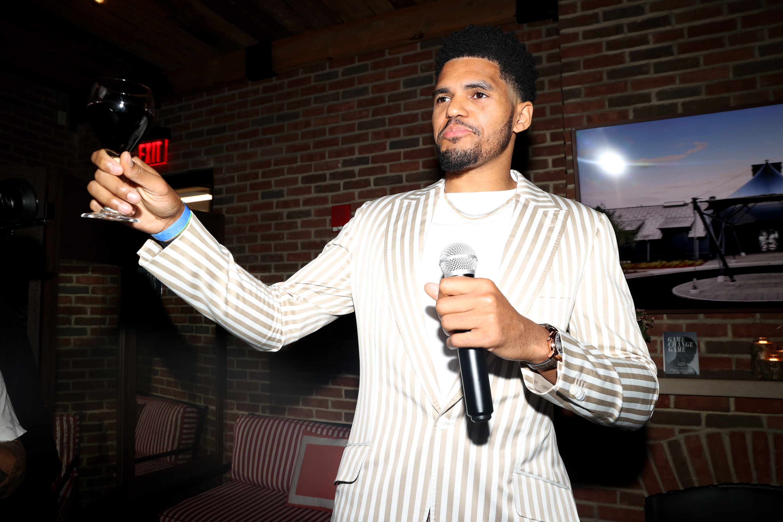 NEW YORK, NEW YORK - JUNE 14: Tobias Harris gives a toast with Prisoner Wine at the “Game Change Game” Premiere Event Presented By Prisoner Wine during Tribeca Film Festival at SVA Theater on June 14, 2022 in New York City. (Photo by Shareif Ziyadat/Getty Images for This is Dope)
