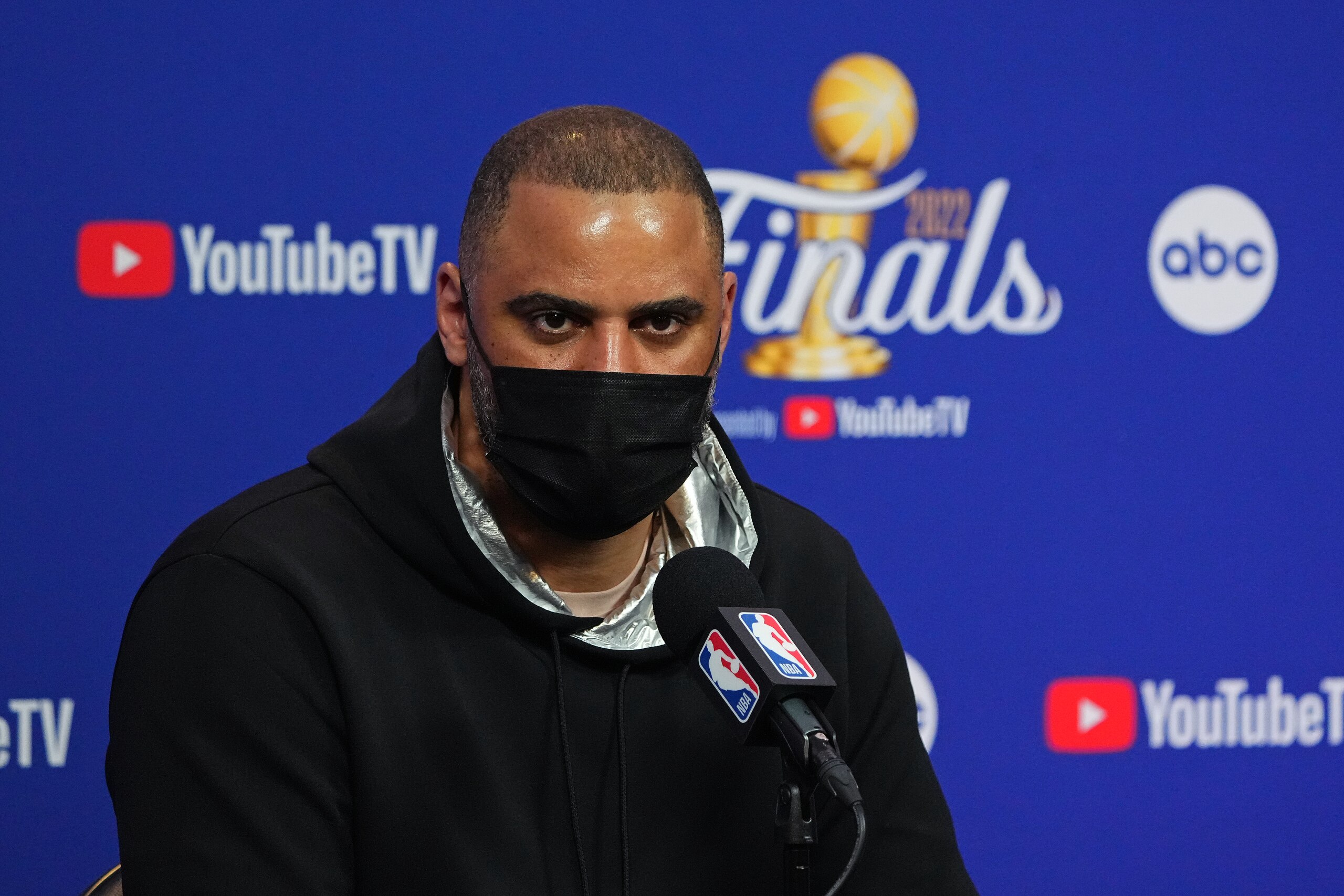 SAN FRANCISCO, CA - JUNE 13: Ime Udoka of the Boston Celtics talks to the media during a press conference Game Five of the 2022 NBA Finals against the Golden State Warriors on June 13, 2022 at Chase Center in San Francisco, California. NOTE TO USER: User expressly acknowledges and agrees that, by downloading and or using this photograph, user is consenting to the terms and conditions of Getty Images License Agreement. Mandatory Copyright Notice: Copyright 2022 NBAE (Photo by Garrett Ellwood/NBAE via Getty Images)