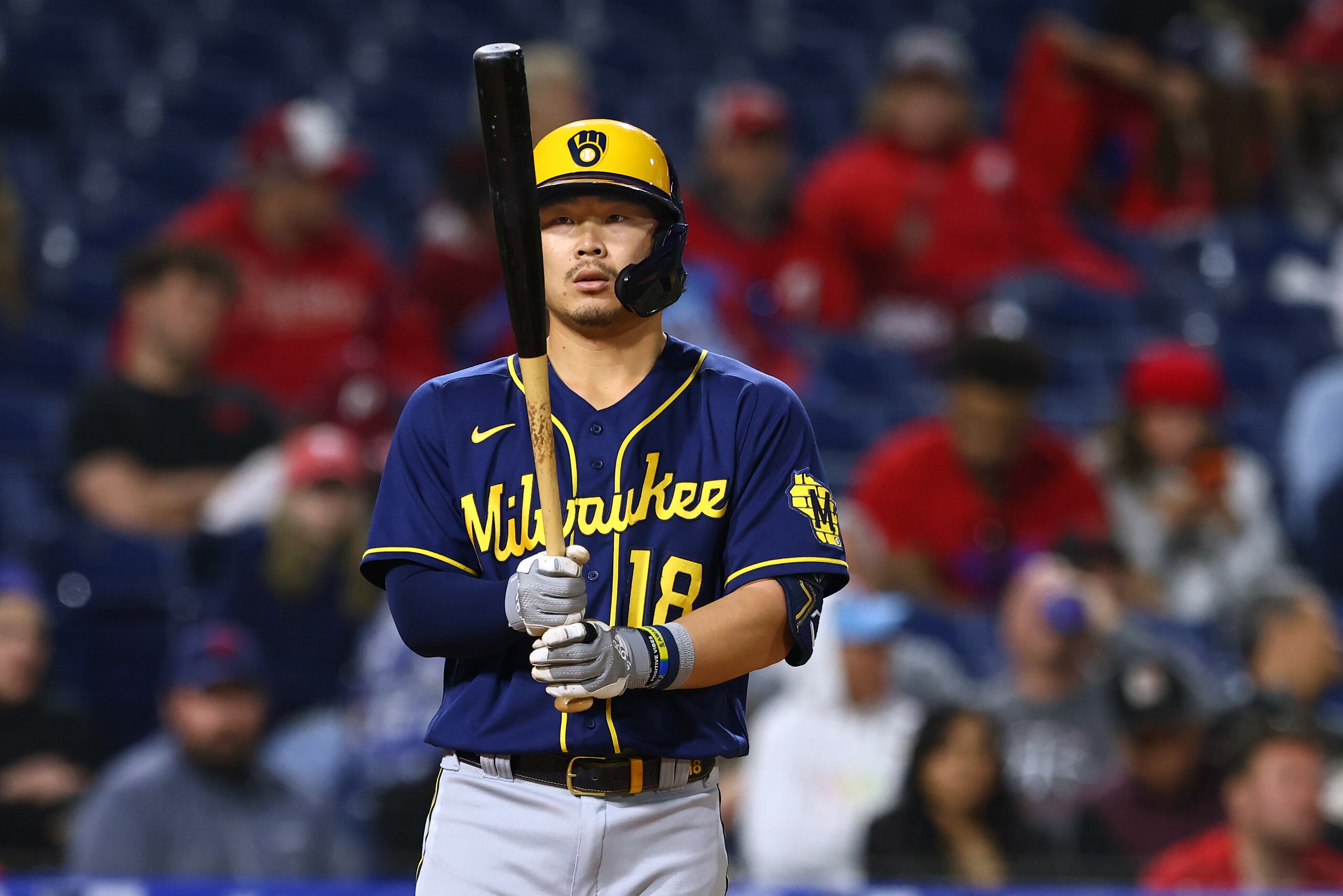 PHILADELPHIA, PA - APRIL 24: Keston Hiura #18 of the Milwaukee Brewers in action against the Philadelphia Phillies during a game at Citizens Bank Park on April 24, 2022 in Philadelphia, Pennsylvania. The Brewers defeated the Phillies 1-0. (Photo by Rich Schultz/Getty Images)