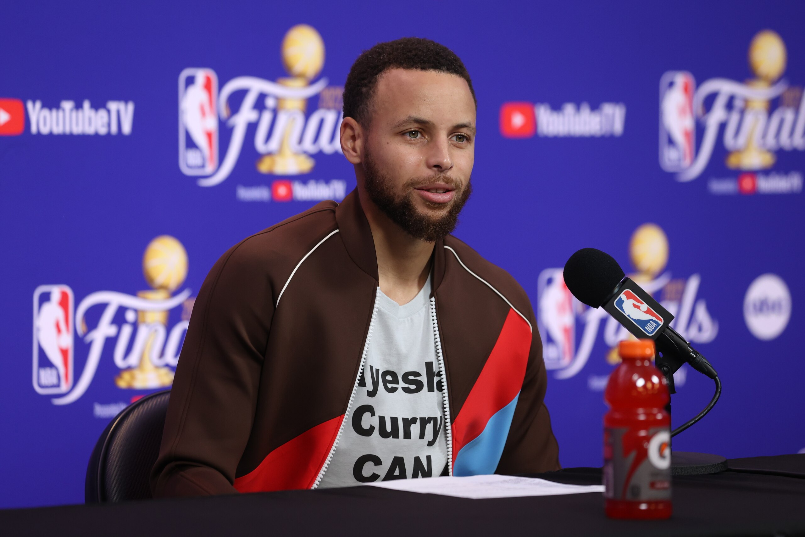 SAN FRANCISCO, CA - JUNE 13:  Stephen Curry #30 of the Golden State Warriors talks to the media after Game Five of the 2022 NBA Finals on June 13, 2022 at Chase Center in San Francisco, California. NOTE TO USER: User expressly acknowledges and agrees that, by downloading and or using this photograph, user is consenting to the terms and conditions of Getty Images License Agreement. Mandatory Copyright Notice: Copyright 2022 NBAE (Photo by Joe Murphy/NBAE via Getty Images)
