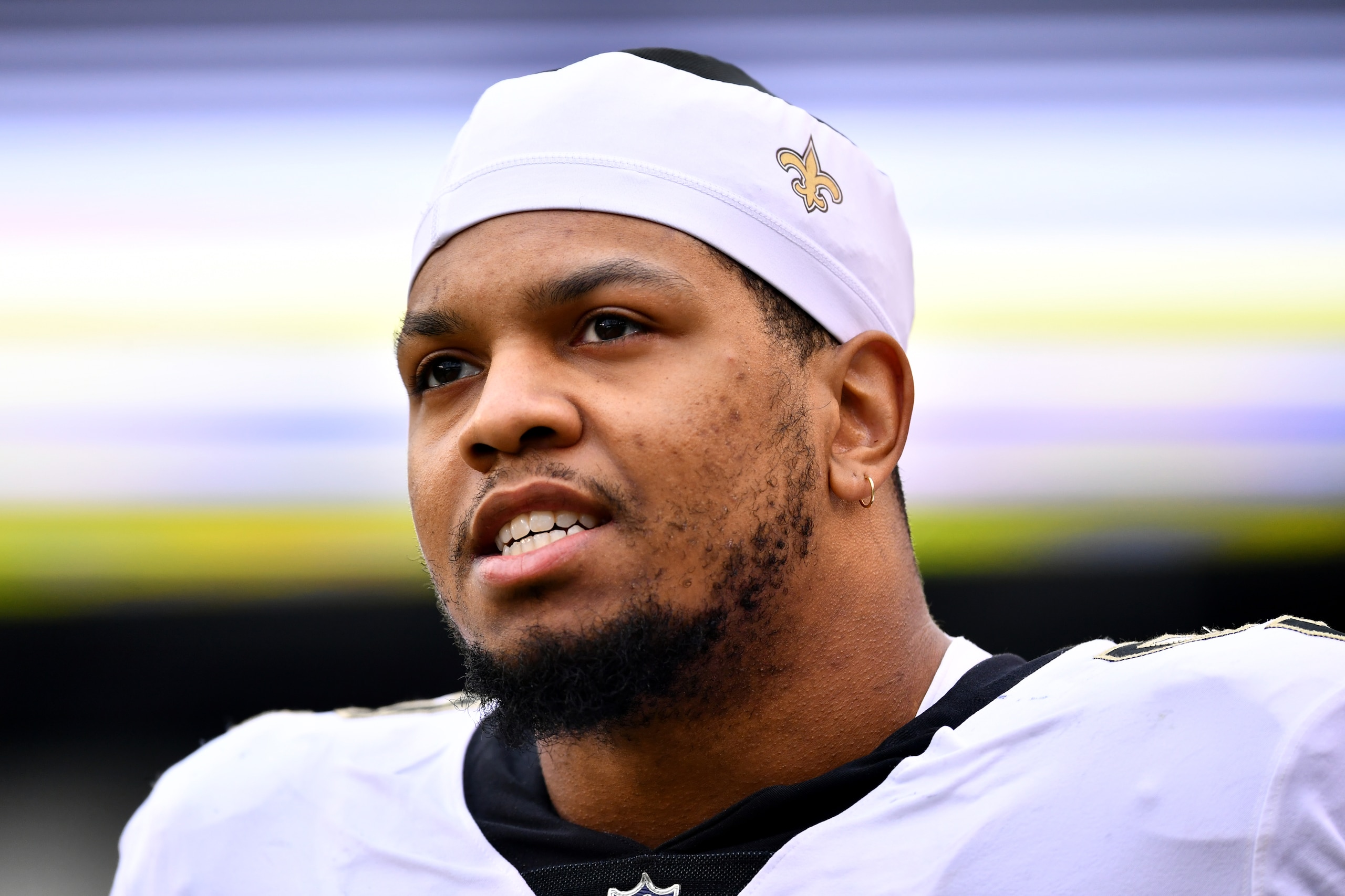 PHILADELPHIA, PA - NOVEMBER 21: New Orleans Saints Defensive End Marcus Davenport (92) looks on before the game between the New Orleans Saints and Philadelphia Eagles on November 21, 2021 at Lincoln Financial Field in Philadelphia, PA. (Photo by Kyle Ross/Icon Sportswire via Getty Images)
