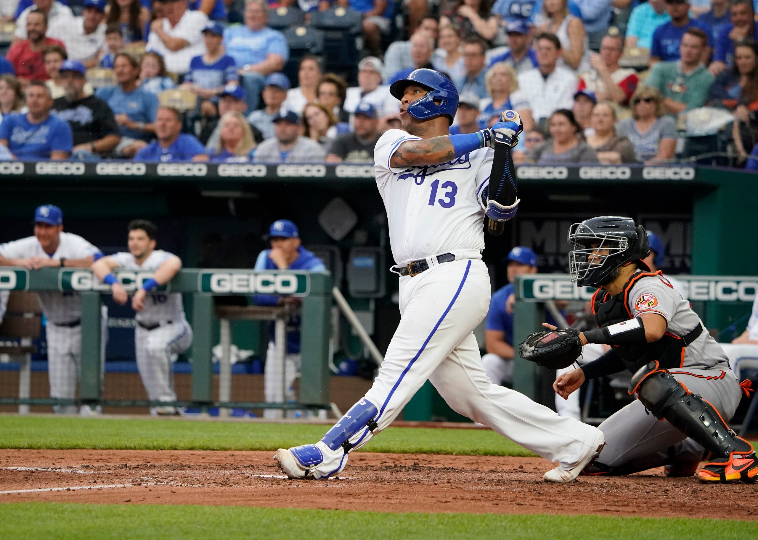 KANSAS CITY, MO - JUNE 9: Salvador Perez #13 of the Kansas City Royals hits against the Baltimore Orioles in the third inning at Kauffman Stadium on June 9, 2022 in Kansas City, Missouri. (Photo by Ed Zurga/Getty Images)