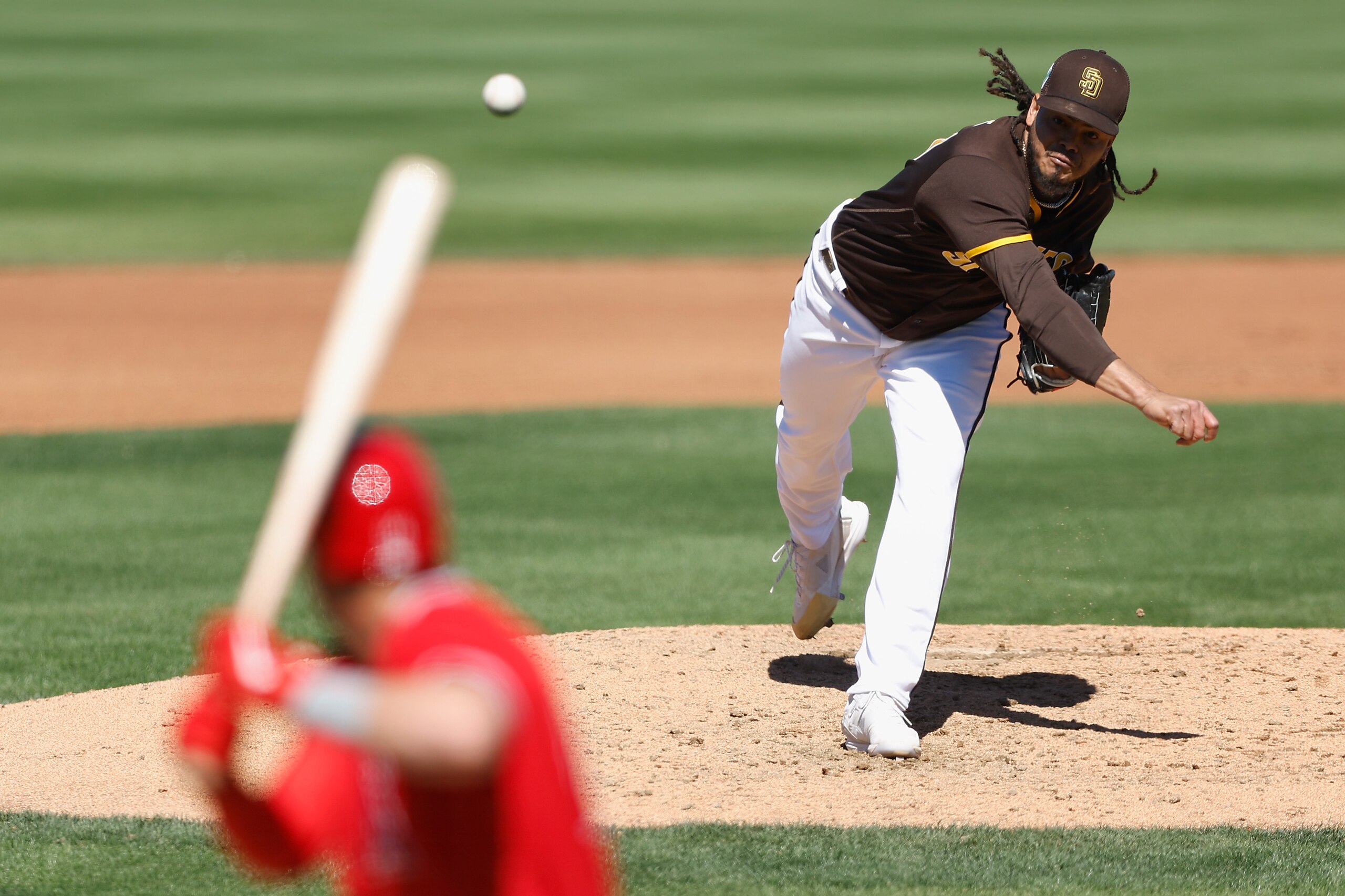PEORIA, ARIZONA - MARCH 23: Relief pitcher Dinelson Lamet #29 of the San Diego Padres pitches against the Los Angeles Angels during the fourth inning of the MLB spring training game at Peoria Stadium on March 23, 2022 in Peoria, Arizona. (Photo by Christian Petersen/Getty Images)