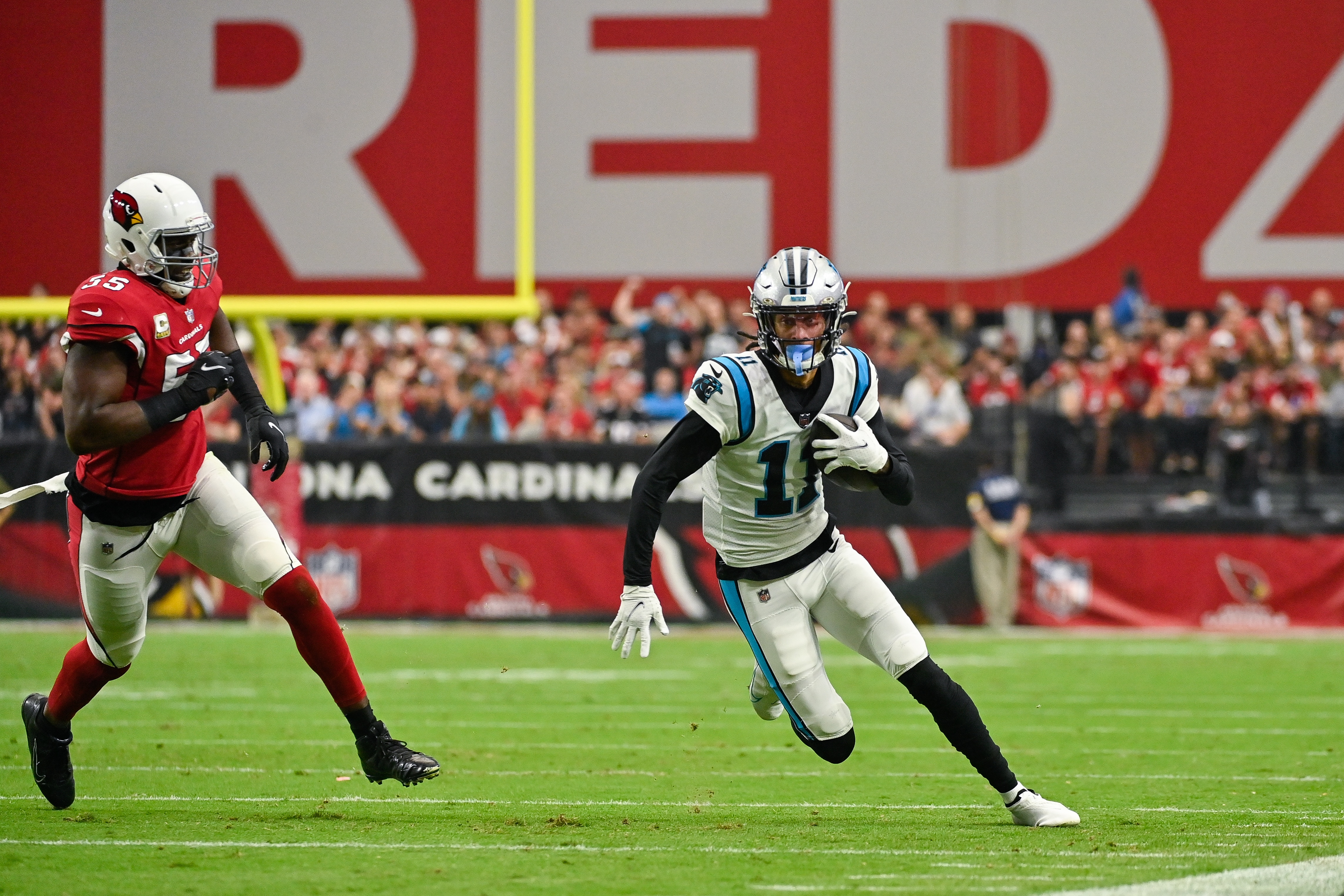 GLENDALE, ARIZONA - NOVEMBER 14: Robby Anderson #11 of the Carolina Panthers runs with the ball against Chandler Jones #55 of the Arizona Cardinals during the first quarter at State Farm Stadium on November 14, 2021 in Glendale, Arizona. The Panthers defeated the Cardinals 34-10. (Photo by Kelsey Grant/Getty Images)