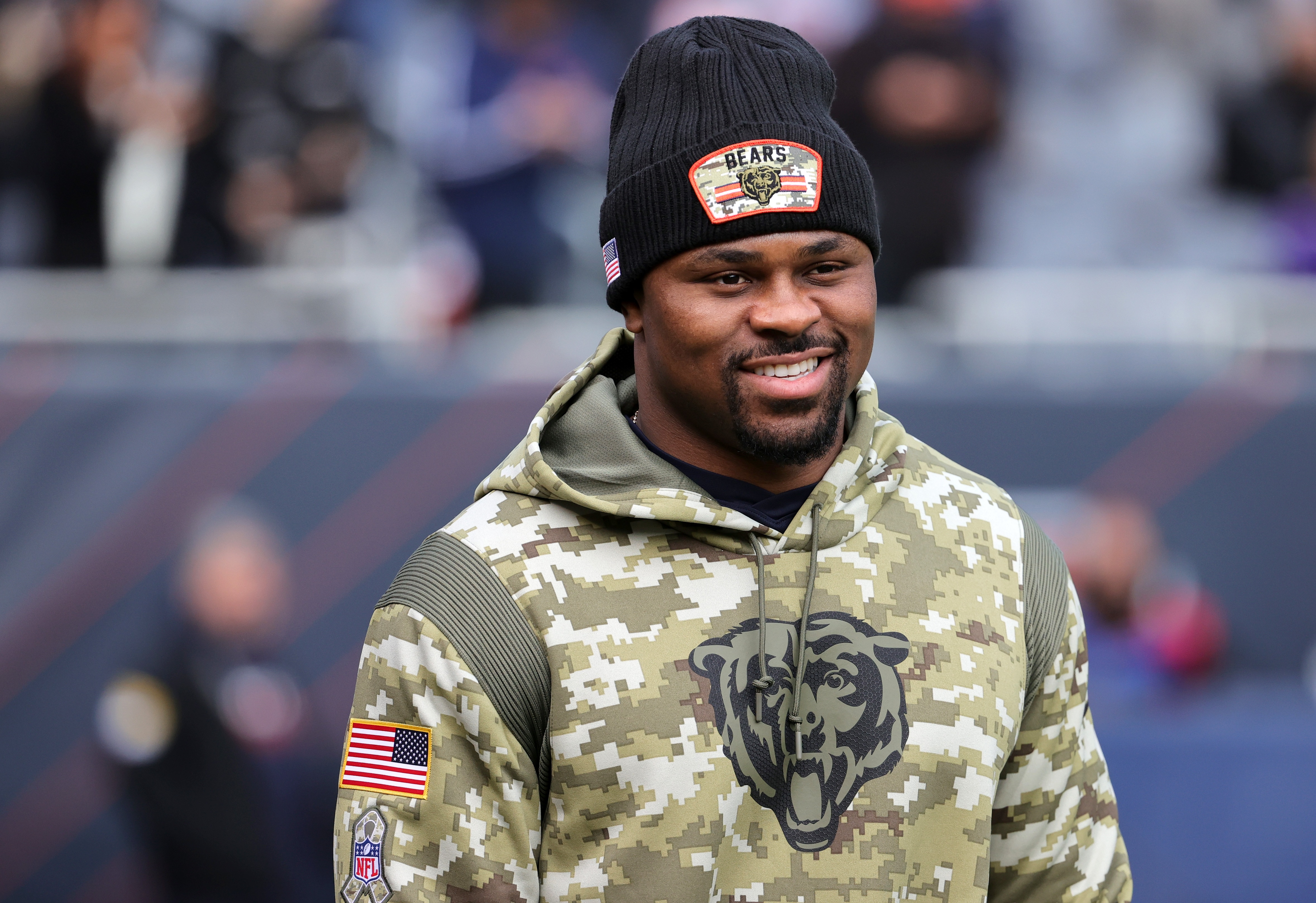 CHICAGO, ILLINOIS - NOVEMBER 21: Khalil Mack #52 of the Chicago Bears on the field before the game against the Baltimore Ravens at Soldier Field on November 21, 2021 in Chicago, Illinois. (Photo by Jonathan Daniel/Getty Images)