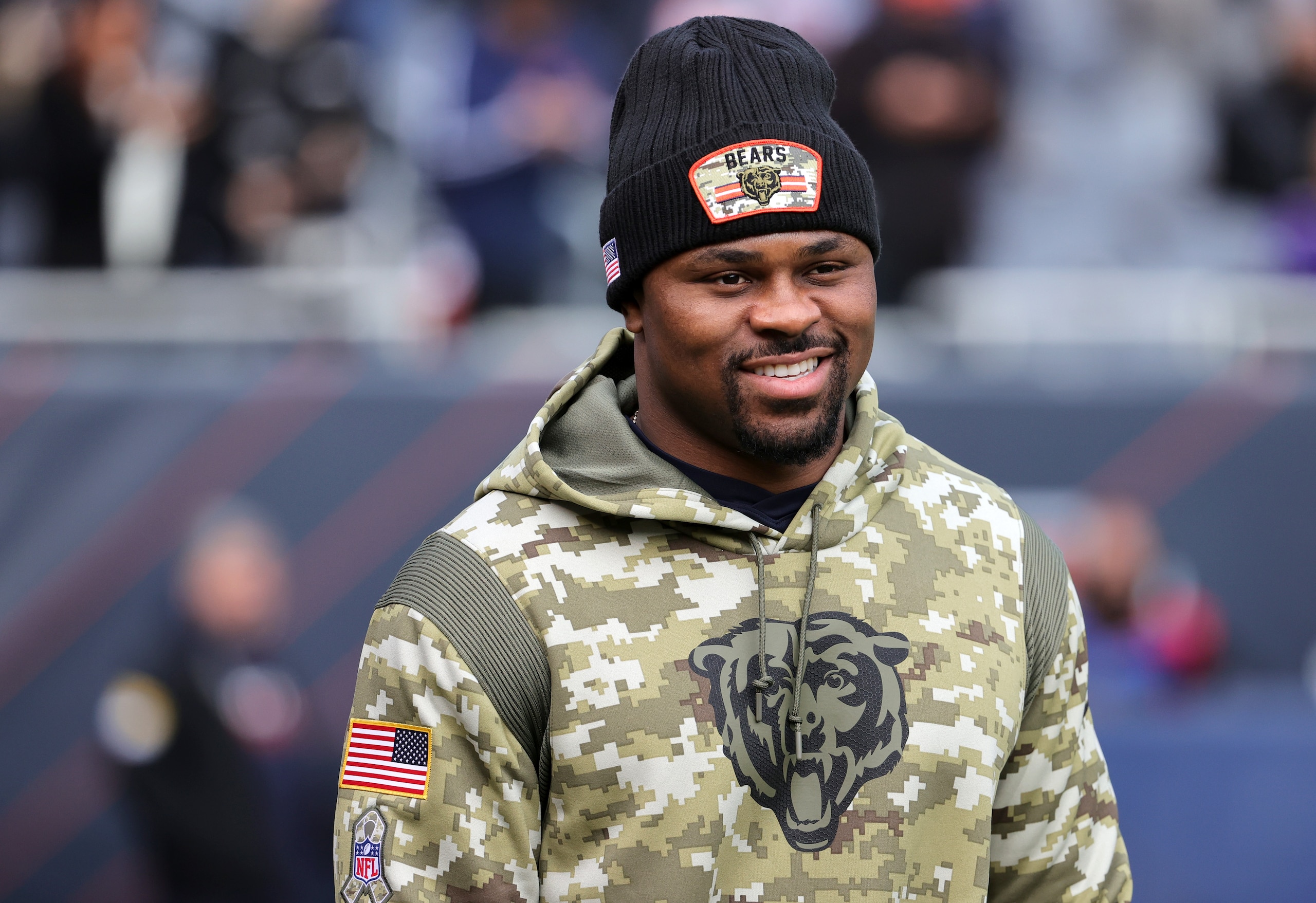 CHICAGO, ILLINOIS - NOVEMBER 21: Khalil Mack #52 of the Chicago Bears on the field before the game against the Baltimore Ravens at Soldier Field on November 21, 2021 in Chicago, Illinois. (Photo by Jonathan Daniel/Getty Images)