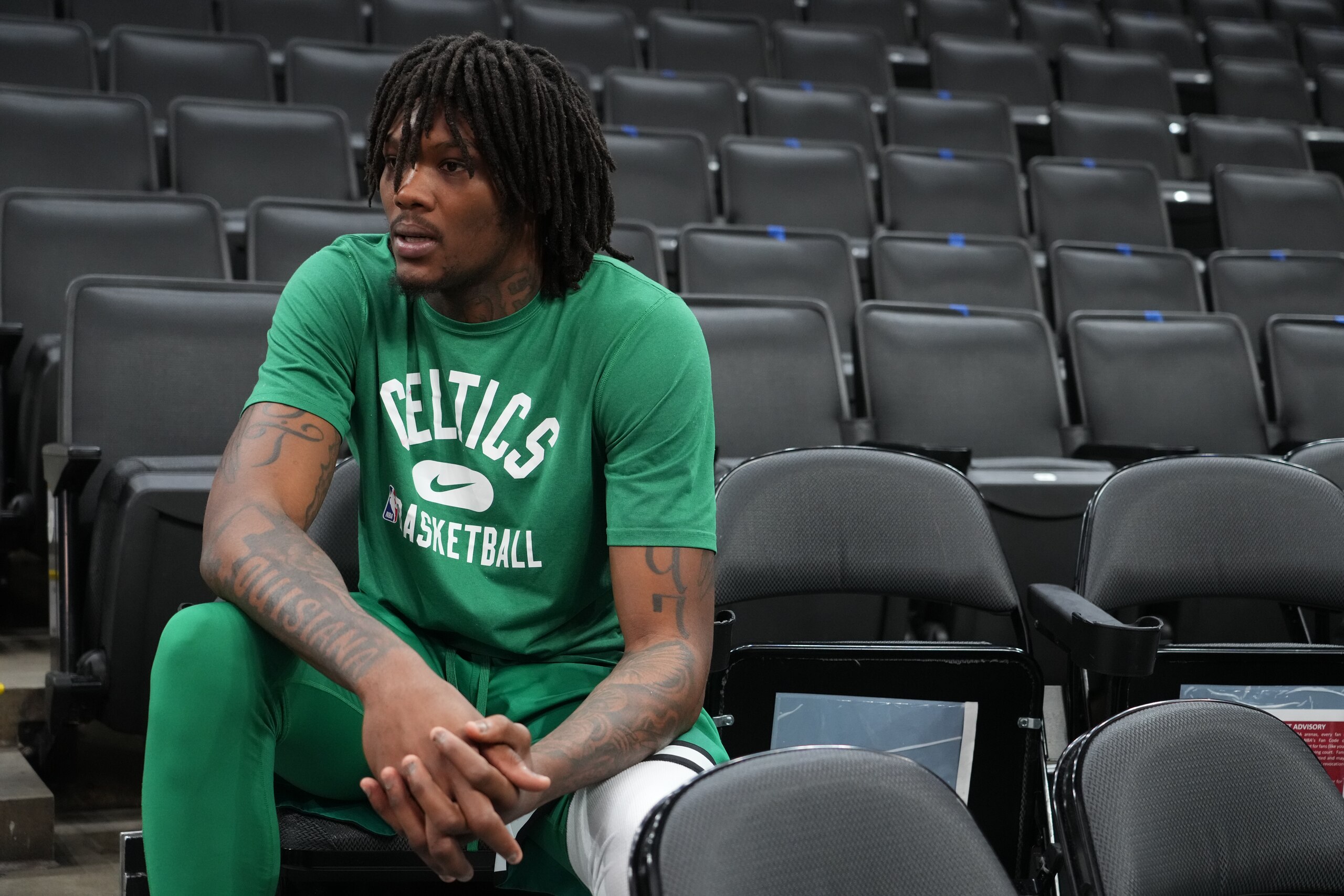 BOSTON, MA  - JUNE 15: Robert Williams III of the Boston Celtics addresses the media during 2022 NBA Finals Practice and Media Availability on June 15, 2022  at the TD Garden in Boston, Massachusetts. NOTE TO USER: User expressly acknowledges and agrees that, by downloading and or using this photograph, user is consenting to the terms and conditions of Getty Images License Agreement. Mandatory Copyright Notice: Copyright 2022 NBAE (Photo by Jesse D. Garrabrant/NBAE via Getty Images)