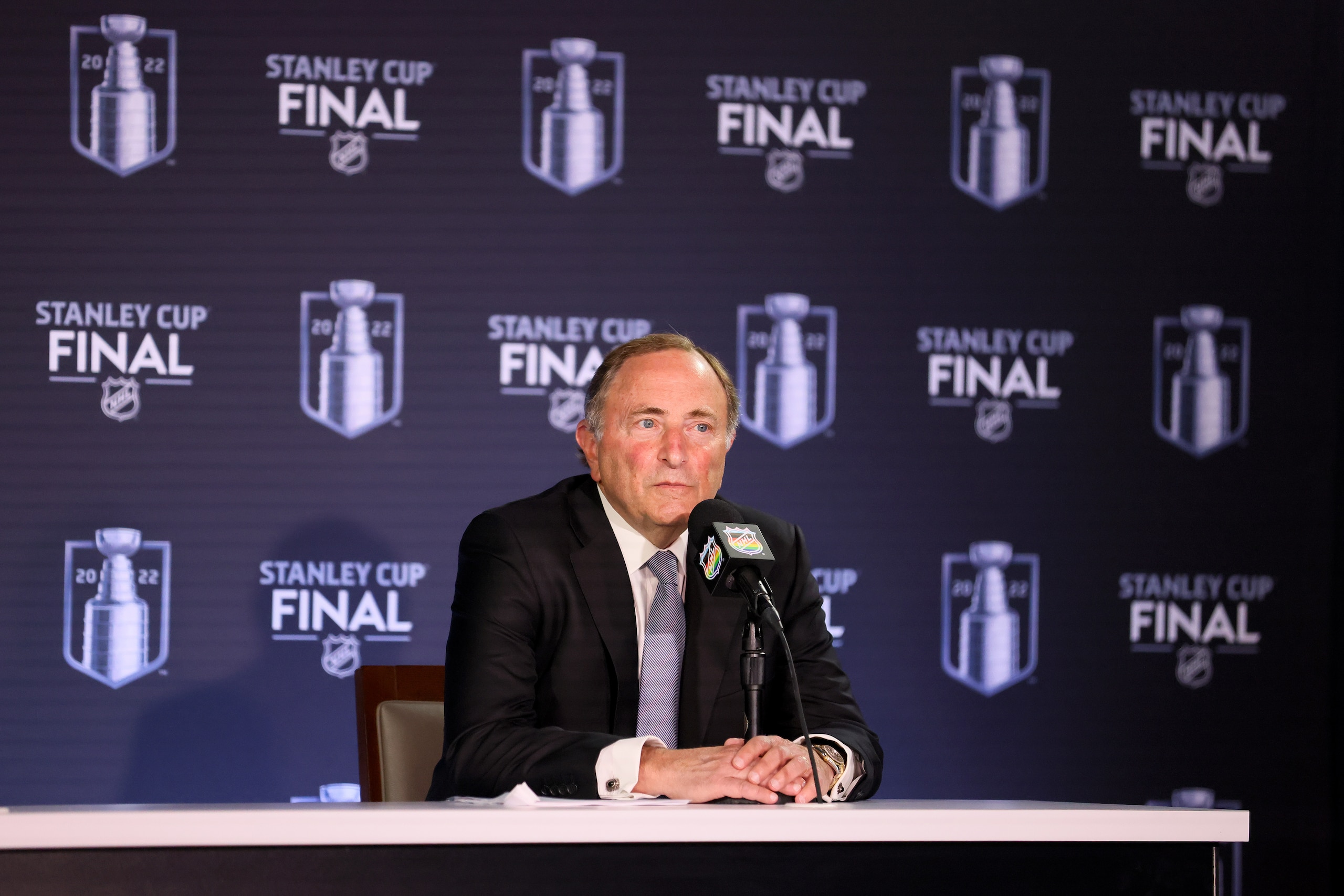 DENVER, COLORADO - JUNE 15: NHL Commissioner Gary Bettman speaks during a press conference prior to Game One of the 2022 NHL Stanley Cup Final at Ball Arena on June 15, 2022 in Denver, Colorado. (Photo by Bruce Bennett/Getty Images)