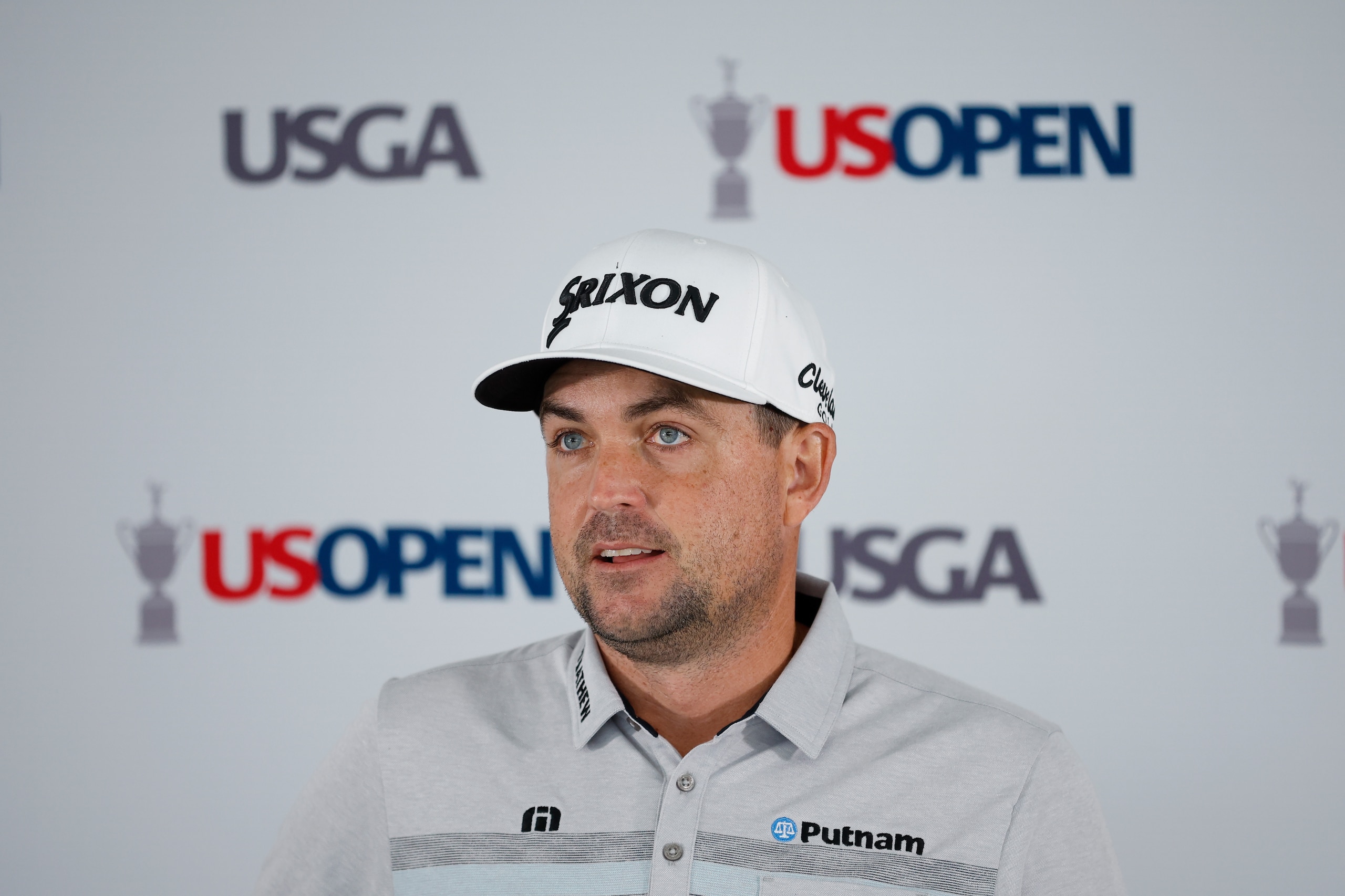 BROOKLINE, MASSACHUSETTS - JUNE 15: Keegan Bradley of the United States speaks to the media at a press conference during a practice round prior to the 122nd U.S. Open Championship at The Country Club on June 15, 2022 in Brookline, Massachusetts. (Photo by Cliff Hawkins/Getty Images)
