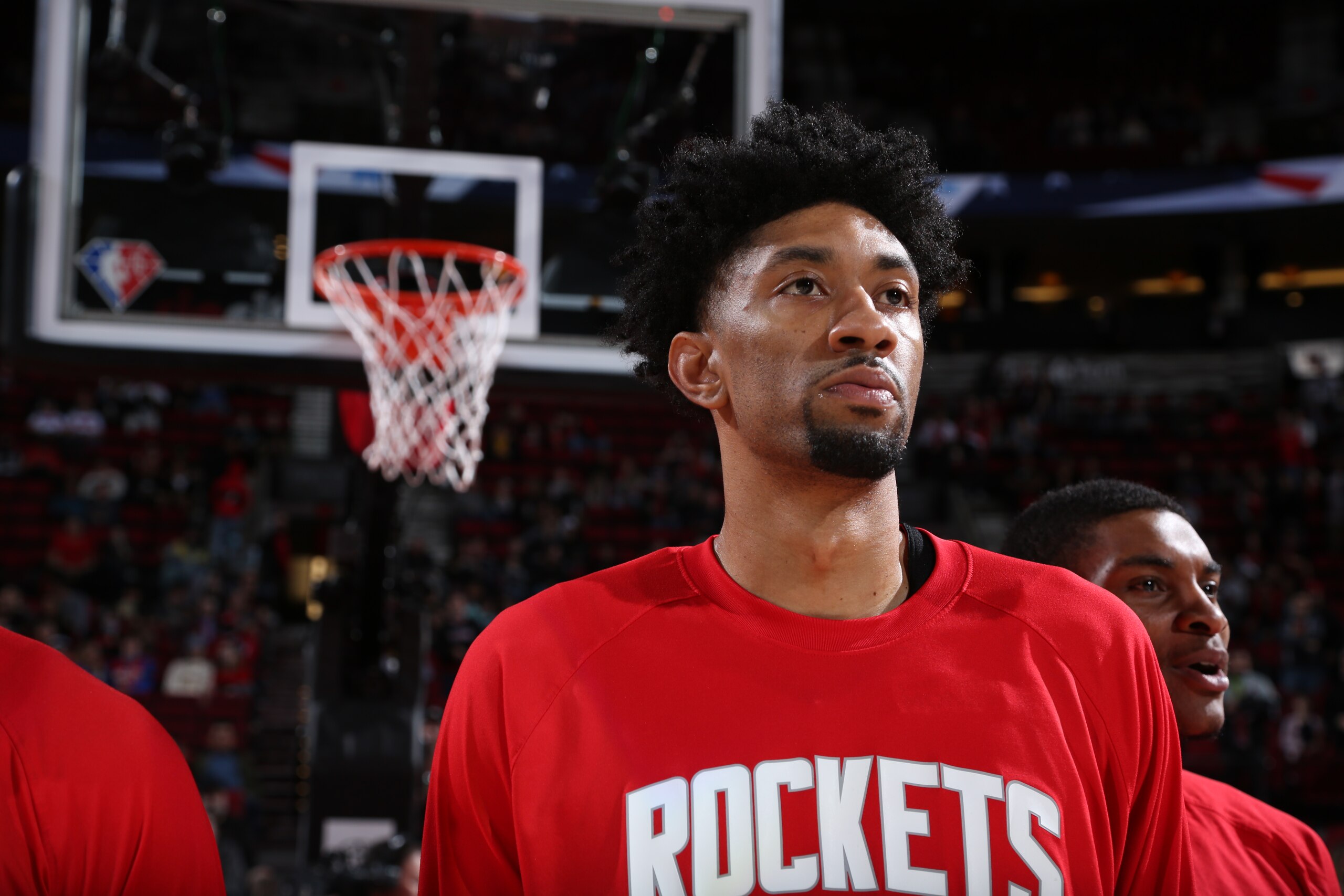 PORTLAND, OR - MARCH 26: Christian Wood #35 of the Houston Rockets looks on during the game against the Portland Trail Blazers on March 26, 2022 at the Moda Center Arena in Portland, Oregon. NOTE TO USER: User expressly acknowledges and agrees that, by downloading and or using this photograph, user is consenting to the terms and conditions of the Getty Images License Agreement. Mandatory Copyright Notice: Copyright 2022 NBAE (Photo by Sam Forencich/NBAE via Getty Images)