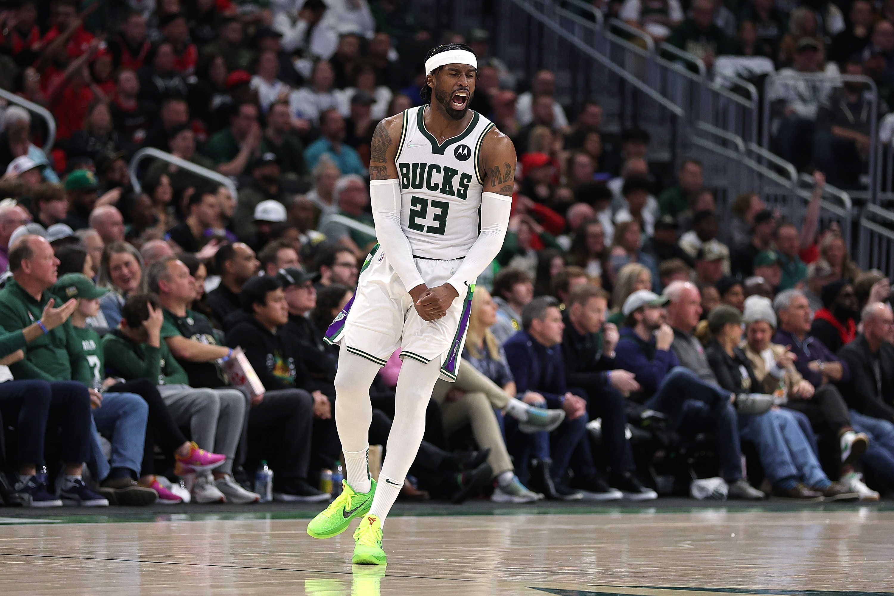 MILWAUKEE, WISCONSIN - APRIL 20: Wesley Matthews #23 of the Milwaukee Bucks reacts to an officials call in the second half of Game Two of the Eastern Conference First Round Playoffs against the Chicago Bulls at Fiserv Forum on April 20, 2022 in Milwaukee, Wisconsin. NOTE TO USER: User expressly acknowledges and agrees that, by downloading and or using this photograph, User is consenting to the terms and conditions of the Getty Images License Agreement. (Photo by Stacy Revere/Getty Images)