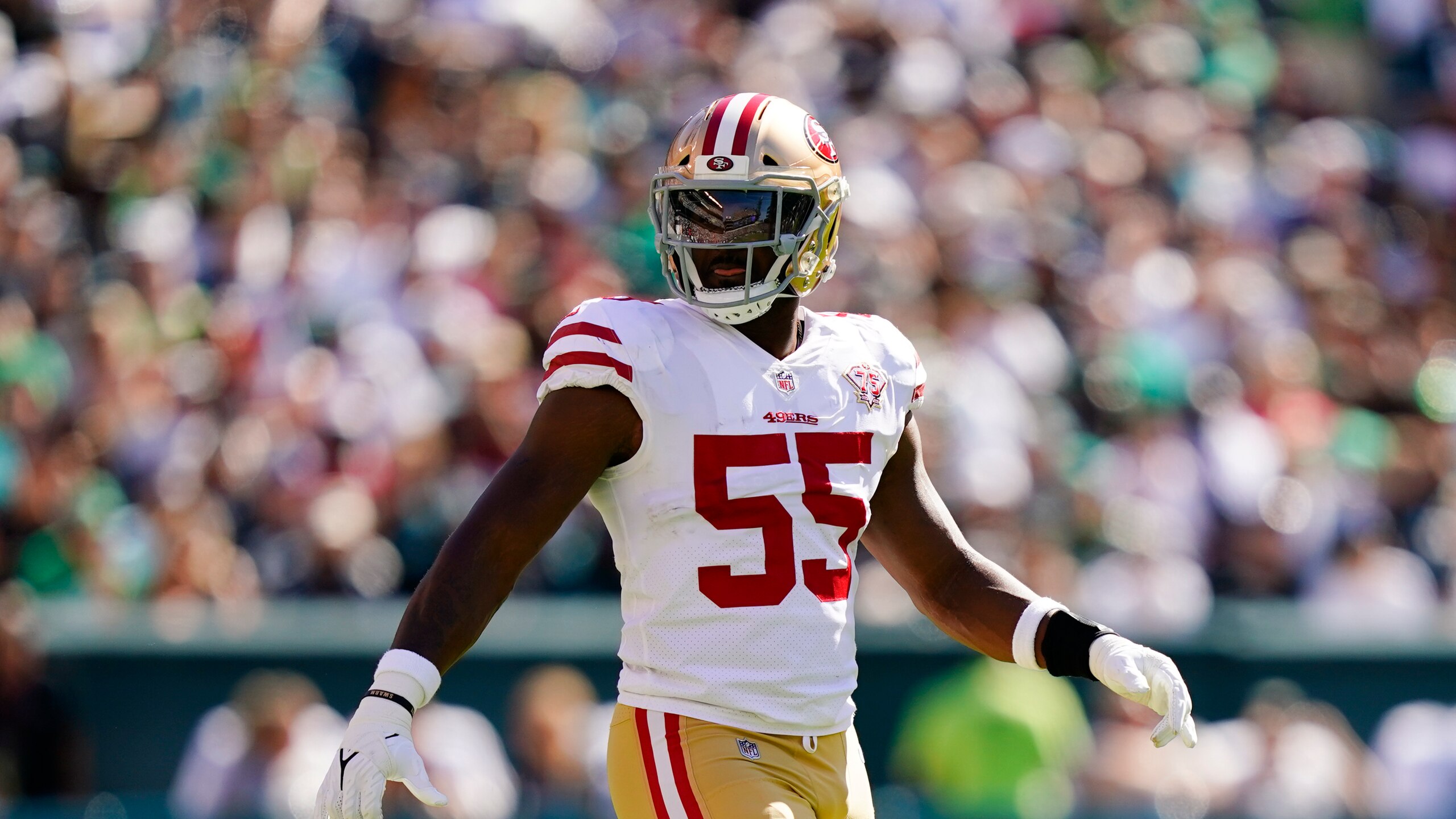 San Francisco 49ers defensive end Dee Ford in action during an NFL football game against the Philadelphia Eagles Sunday, Sept. 19, 2021, in Philadelphia. (AP Photo/Matt Rourke) San Francisco 49ers defensive end Dee Ford in action during an NFL football game against the Philadelphia Eagles Sunday, Sept. 19, 2021, in Philadelphia. (AP Photo/Matt Rourke)