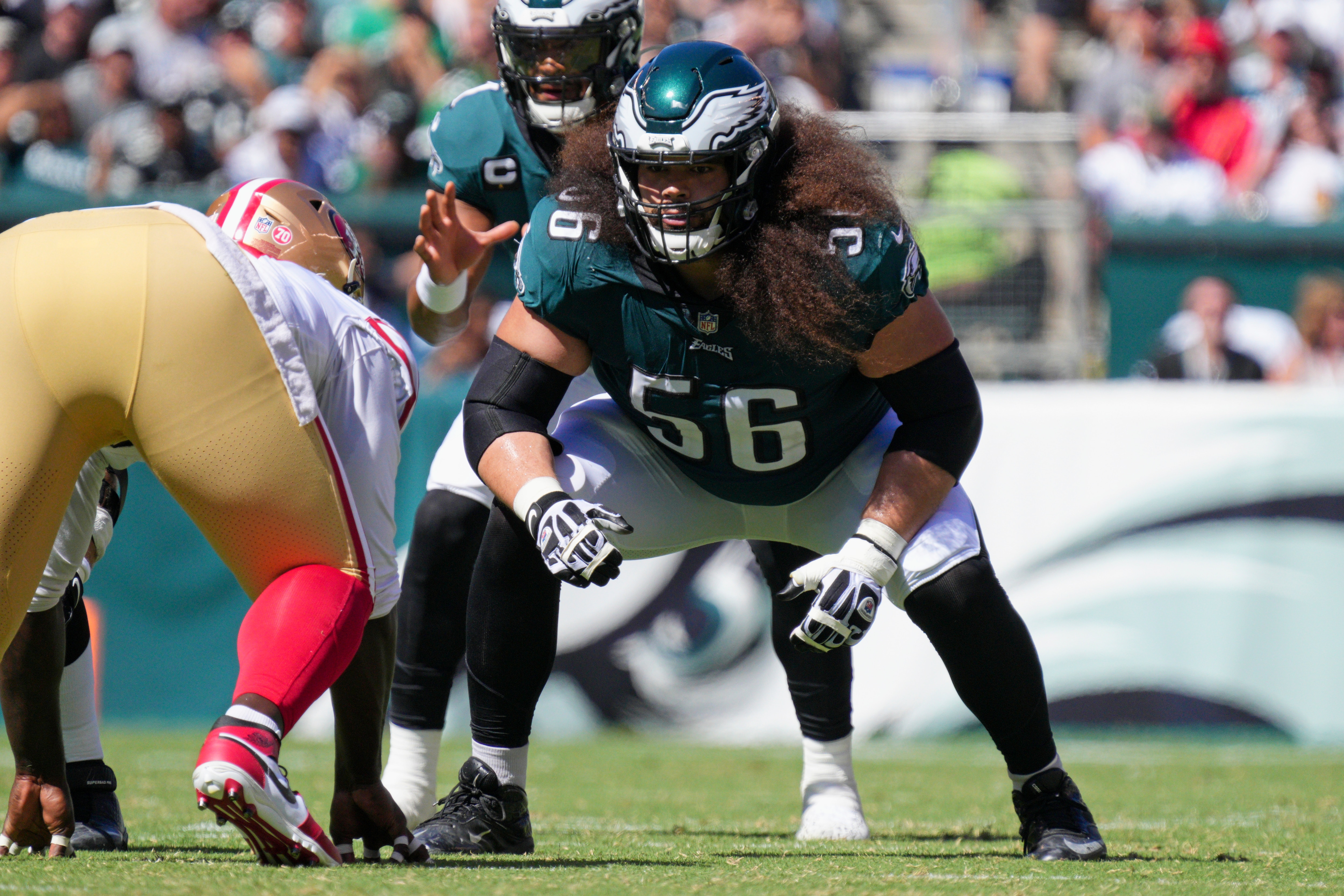 PHILADELPHIA, PA - SEPTEMBER 19: Philadelphia Eagles offensive guard Isaac Seumalo (56) sets up to block during the game between the Philadelphia Eagles and the San Fransisco 49ers on September 19, 2021 at Lincoln Financial Field in Philadelphia, PA. (Photo by Andy Lewis/Icon Sportswire via Getty Images)