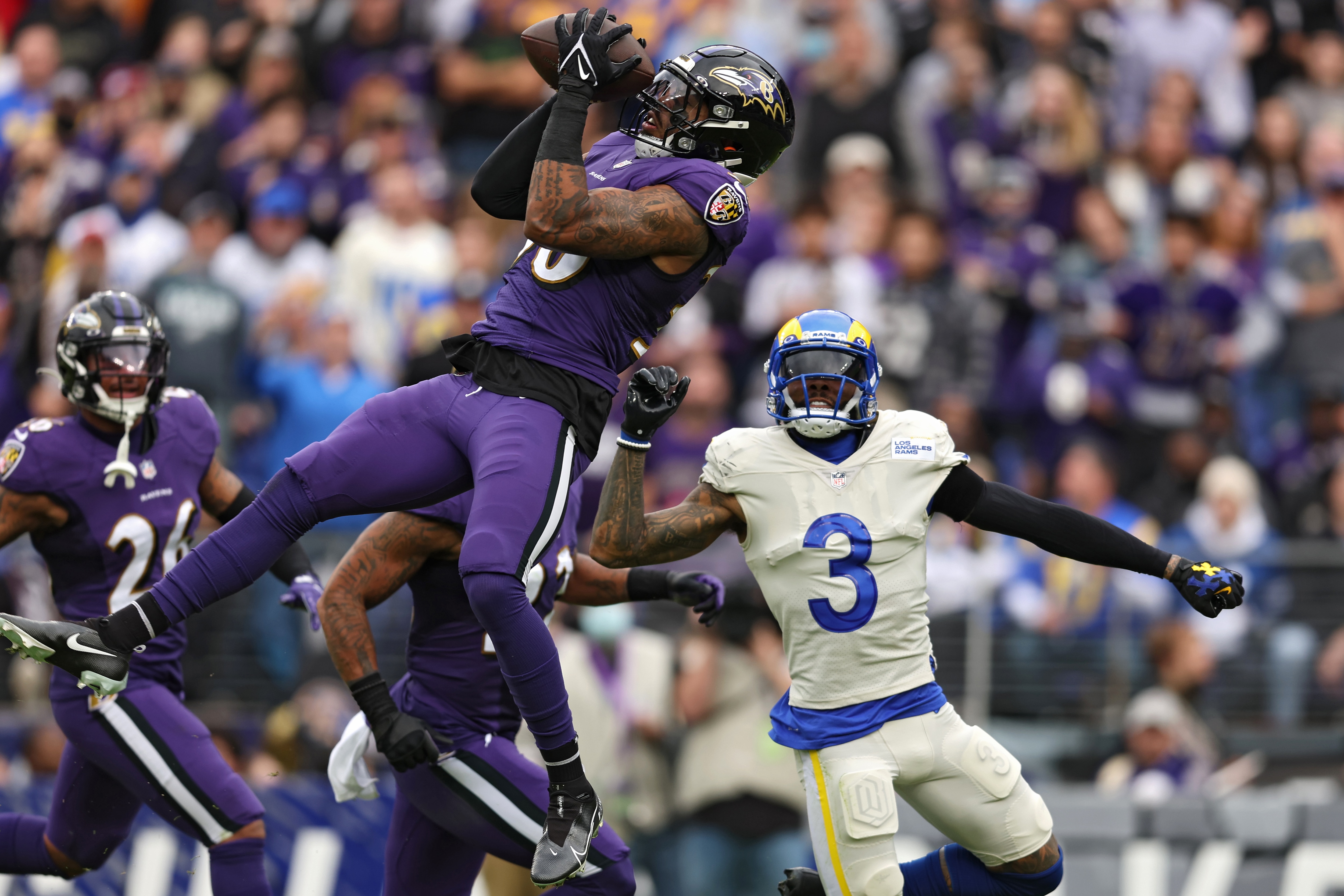 BALTIMORE, MARYLAND - JANUARY 02: Chuck Clark #36 of the Baltimore Ravens gets an interception in the second quarter of the game against the Los Angeles Rams at M&T Bank Stadium on January 02, 2022 in Baltimore, Maryland. (Photo by Patrick Smith/Getty Images)