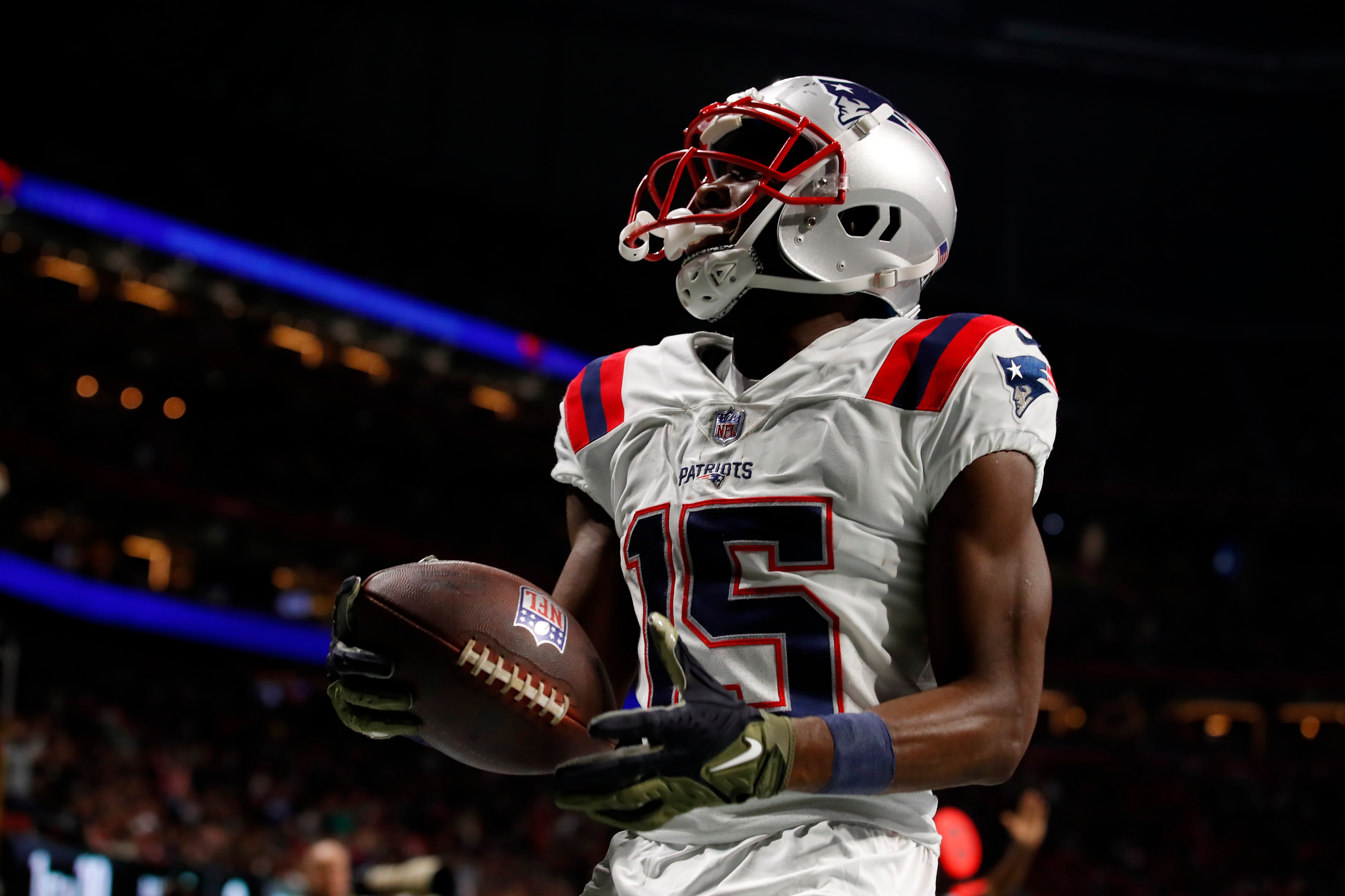 ATLANTA, GEORGIA - NOVEMBER 18: Nelson Agholor #15 of the New England Patriots reacts after scoring a touchdown against the Atlanta Falcons in the second quarter at Mercedes-Benz Stadium on November 18, 2021 in Atlanta, Georgia. (Photo by Todd Kirkland/Getty Images)