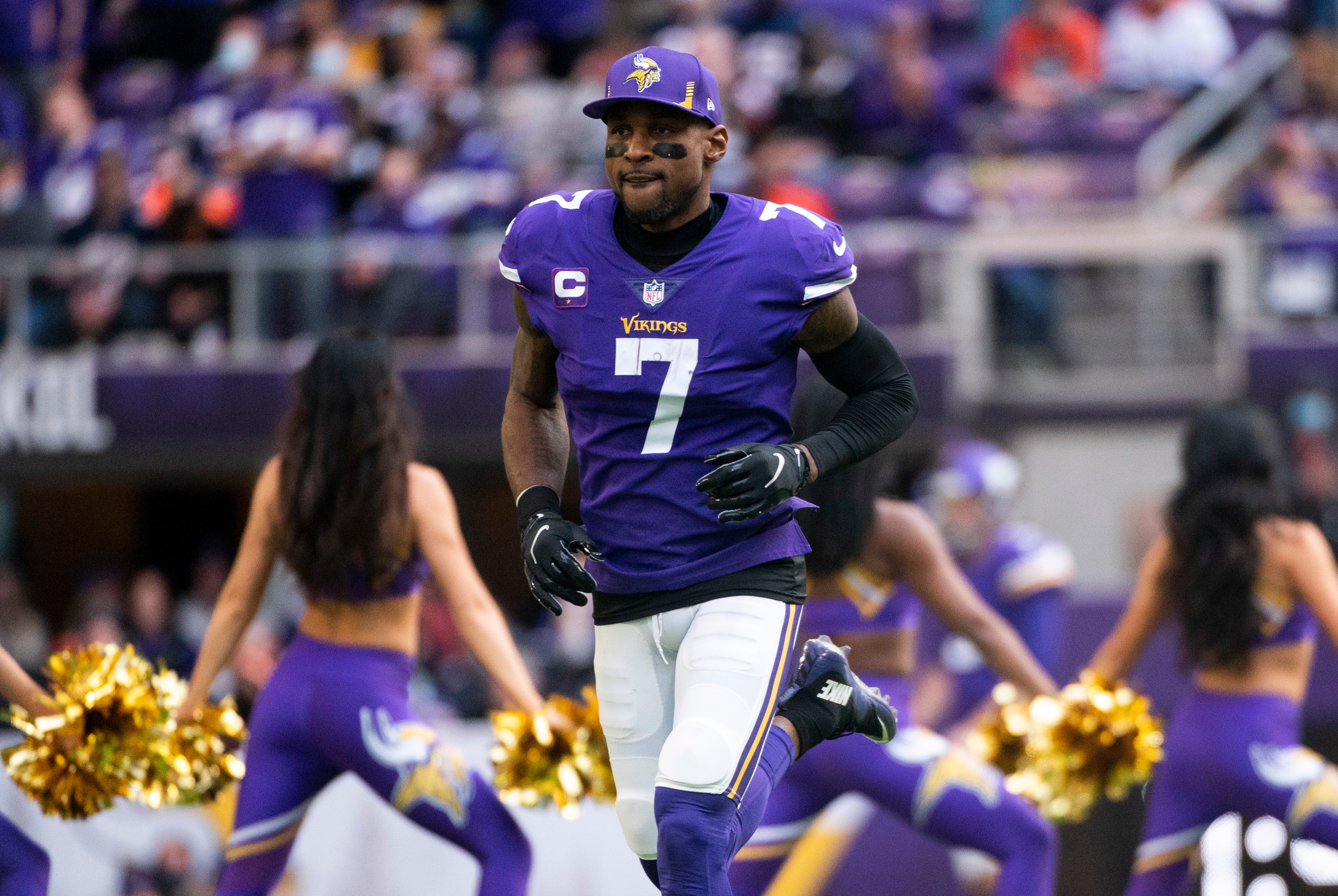 MINNEAPOLIS, MN - JANUARY 09: Patrick Peterson #7 of the Minnesota Vikings takes the field before the game against the Chicago Bears at U.S. Bank Stadium on January 9, 2022 in Minneapolis, Minnesota. (Photo by Stephen Maturen/Getty Images)