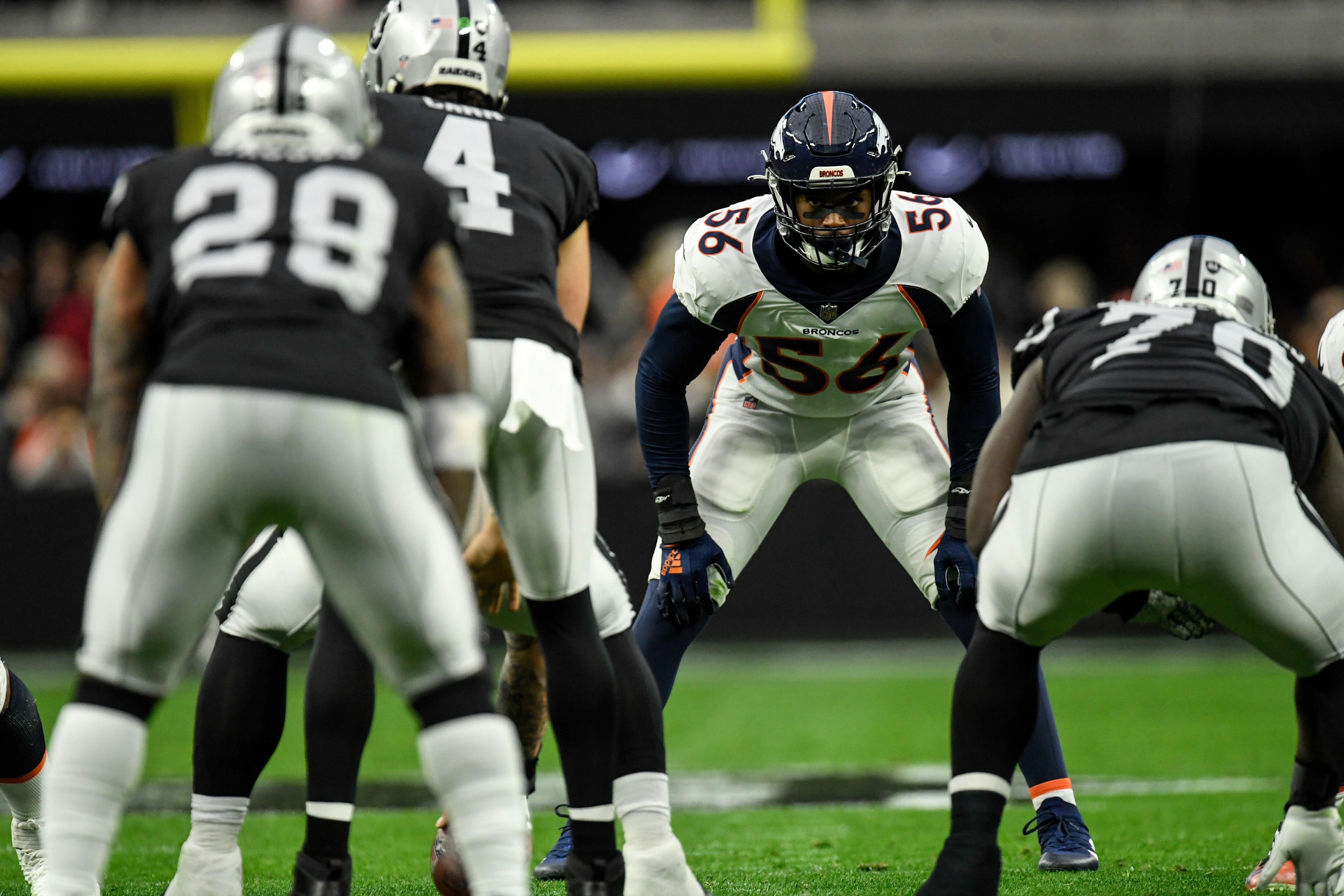 LAS VEGAS, NV - DECEMBER 26: Baron Browning (56) of the Denver Broncos sizes up the Las Vegas Raiders offense during the first half at Allegiant Stadium on Sunday, December 26, 2021. (Photo by AAron Ontiveroz/MediaNews Group/The Denver Post via Getty Images)