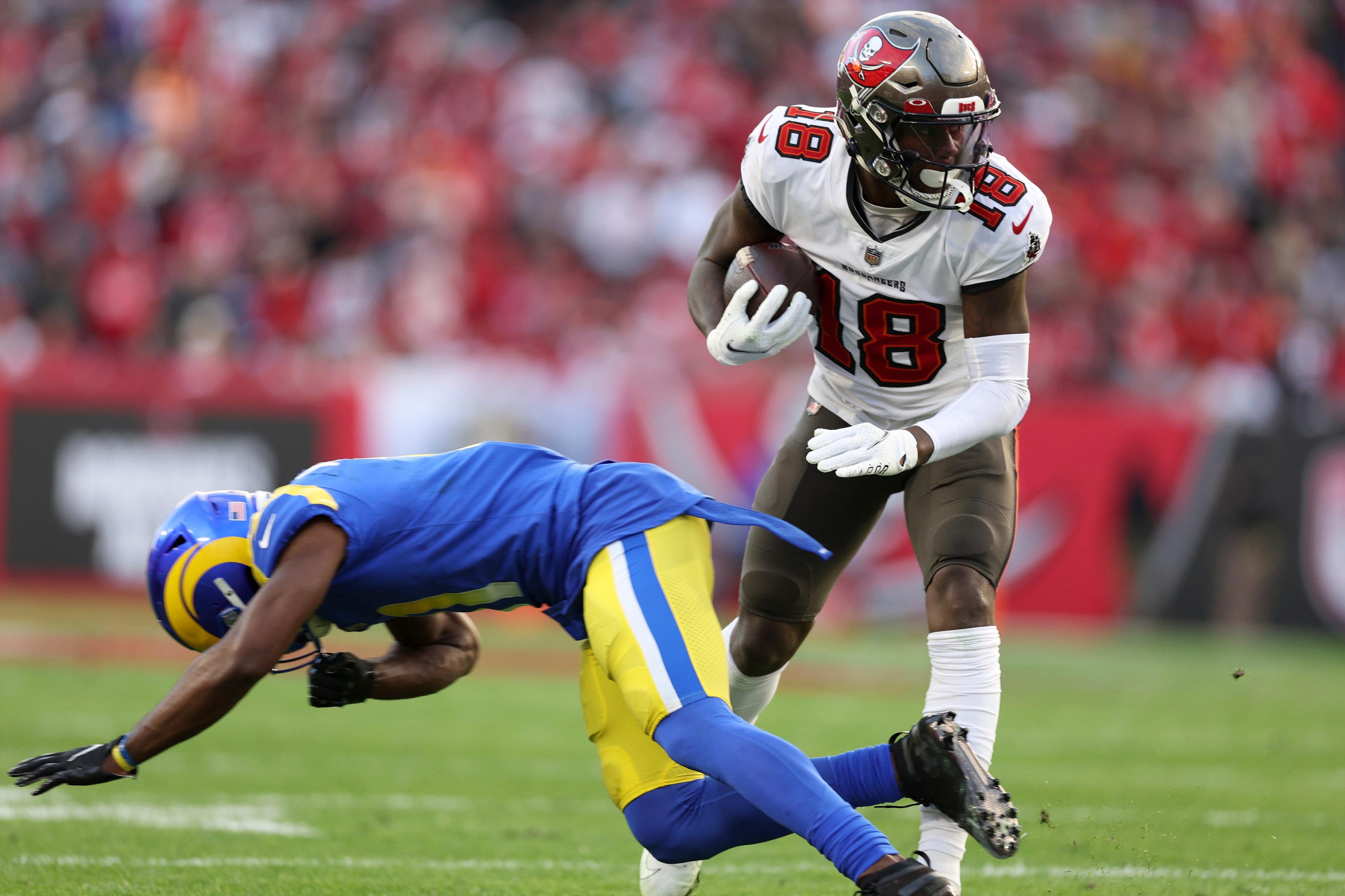 Football: NFL Playoffs: Tampa Bay Buccaneers Tyler Johnson (18) in action vs Los Angeles Rams at Raymond James Stadium. Tampa, FL 1/23/2022 CREDIT: Simon Bruty (Photo by Simon Bruty/Sports Illustrated via Getty Images) (Set Number: X163913 TK1)